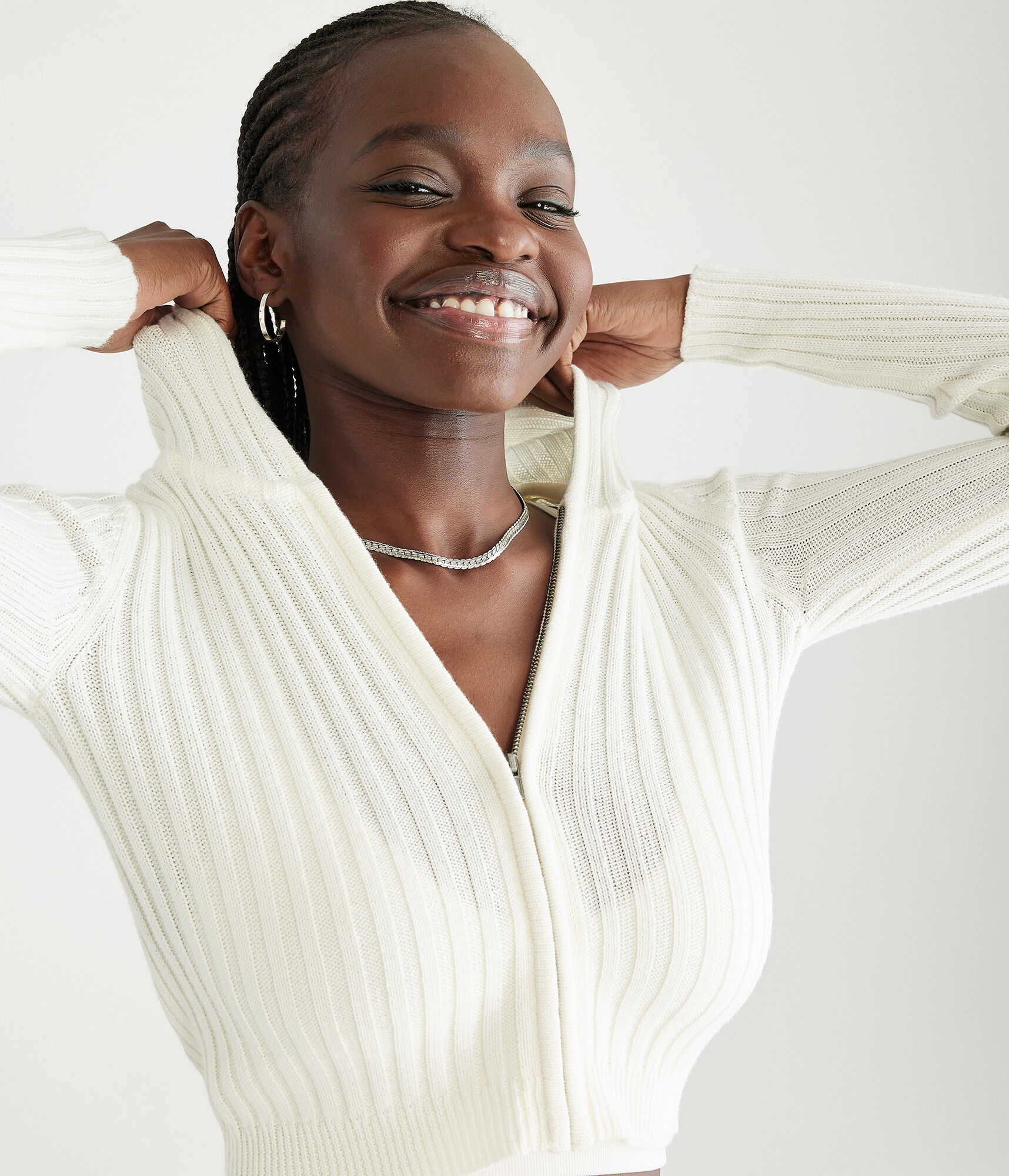 Ribbed Cropped Zip-Front Hooded Sweater