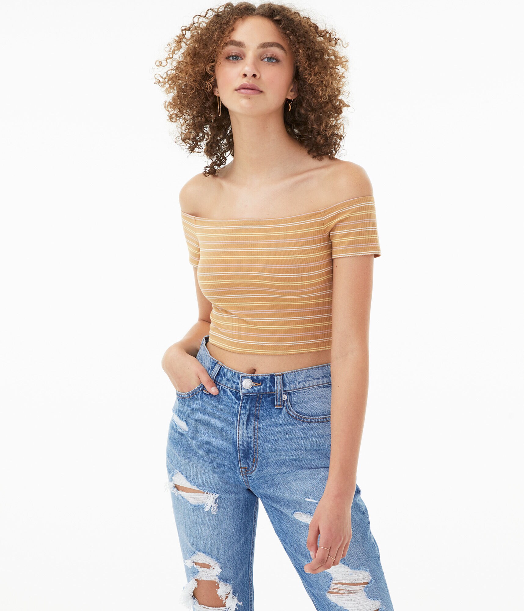 Striped Off-The-Shoulder Bodycon Crop Top