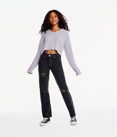 Solid Hooded Cropped V-Neck Sweater Solid Hooded Cropped V-Neck Sweater
