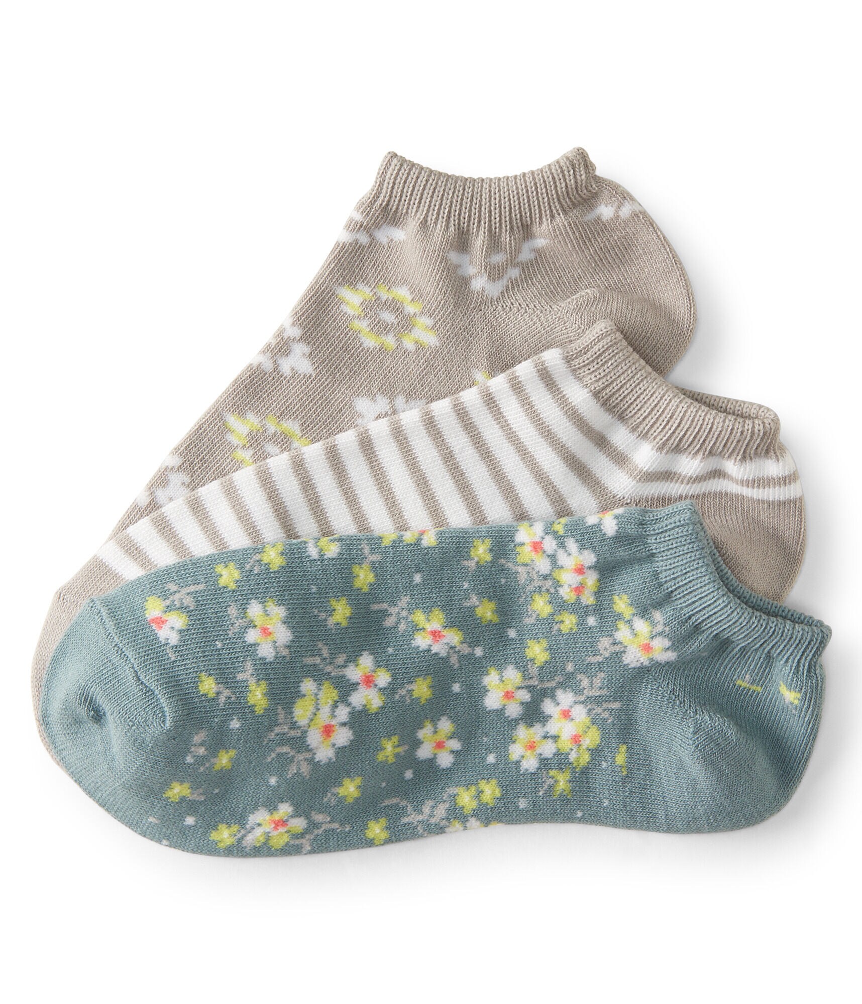 3-Pack Diamond Flower, Floral &amp; Stripe Ankle Socks