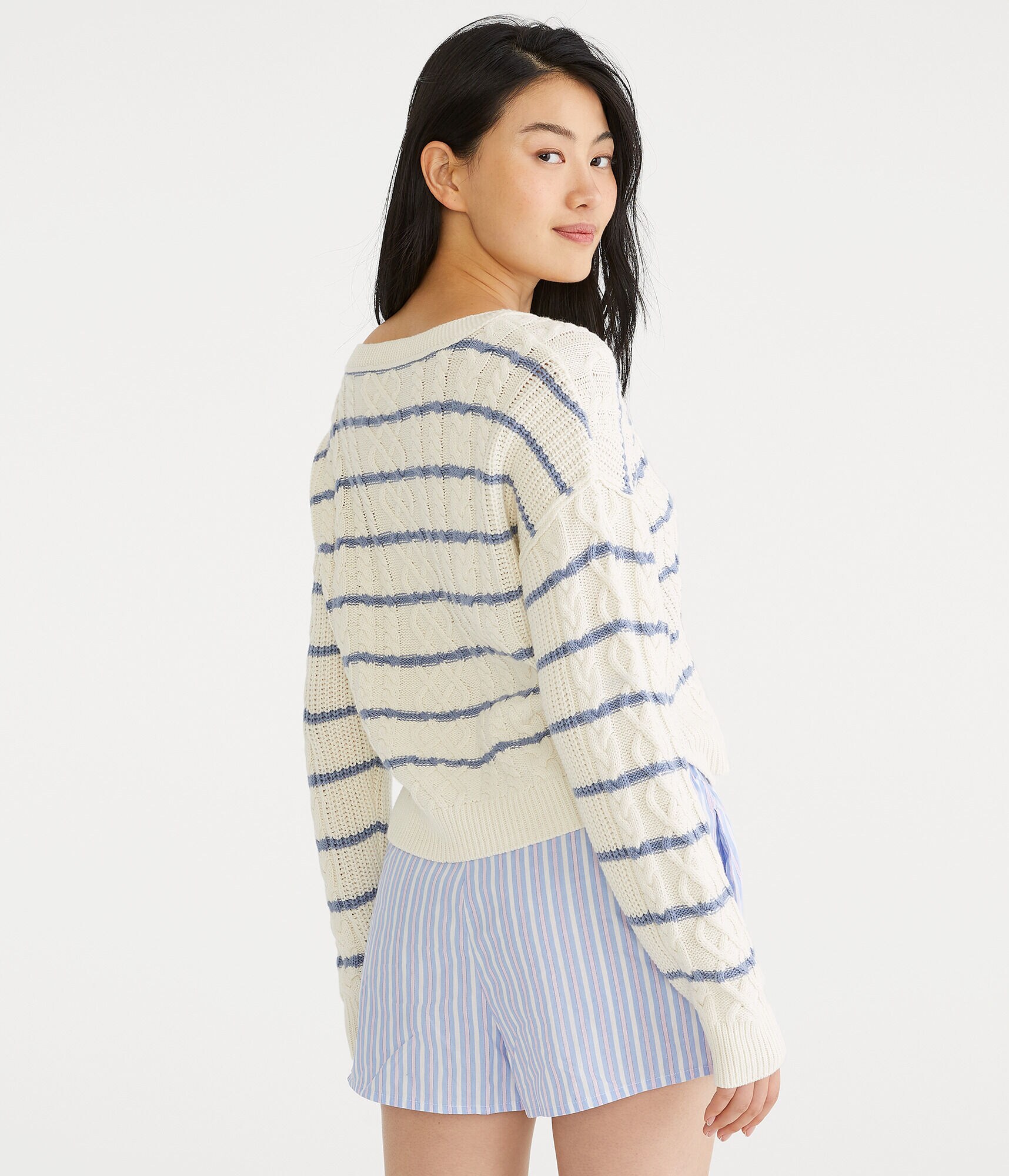 Striped Slouchy Cable V-Neck Sweater