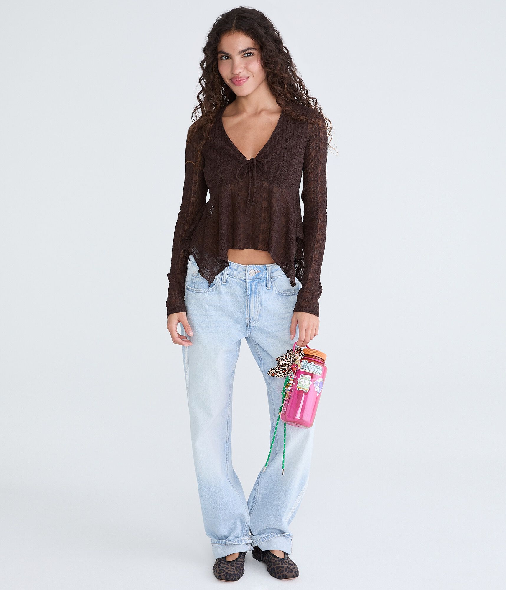 Long Sleeve Textured Cropped V-Neck Babydoll Top