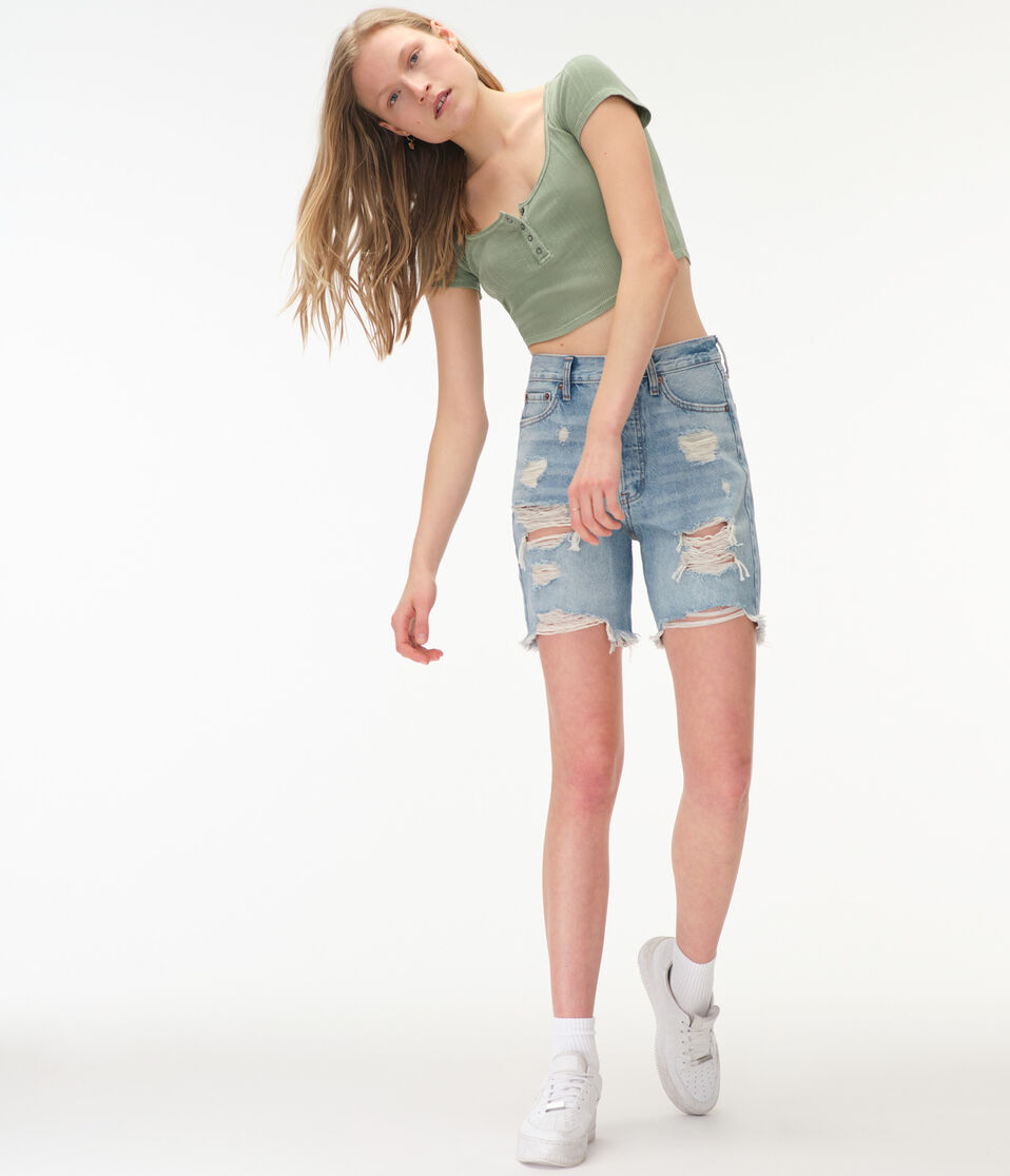 Washed Cropped Snap Henley Tee