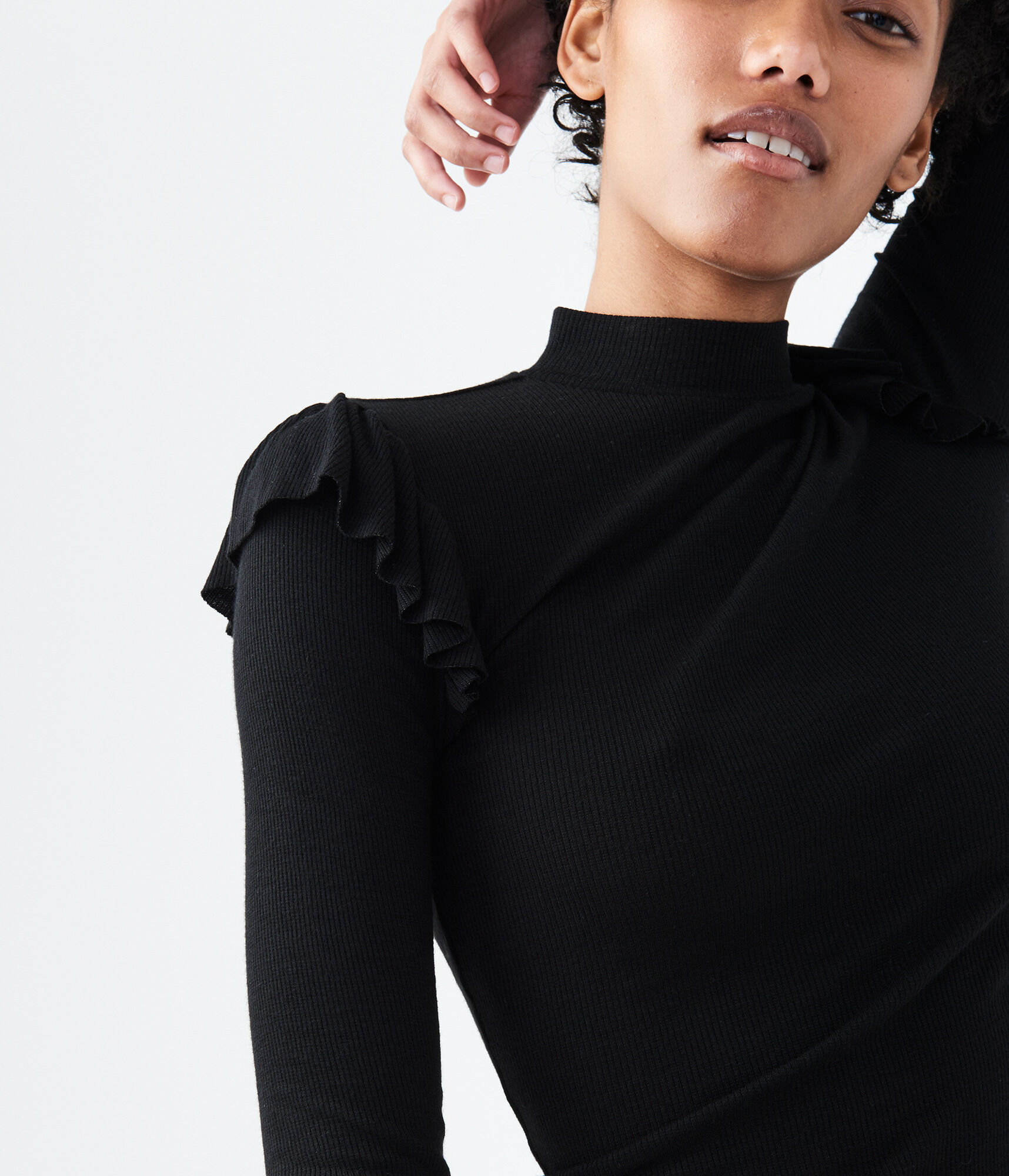 Long Sleeve Ruffled Mock-Neck Top
