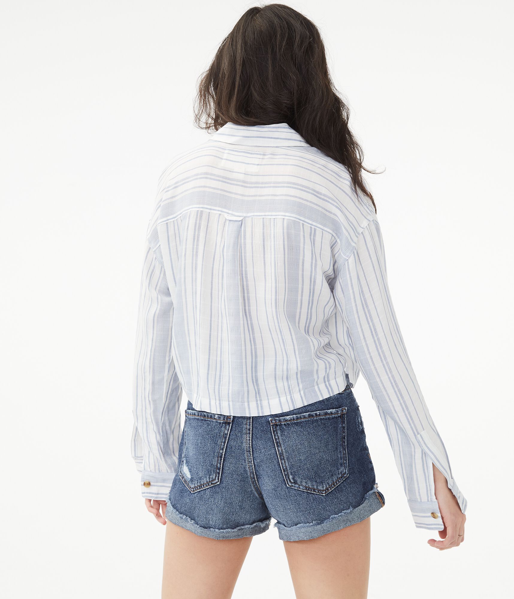 Long Sleeve Striped Cropped Button-Down Shirt