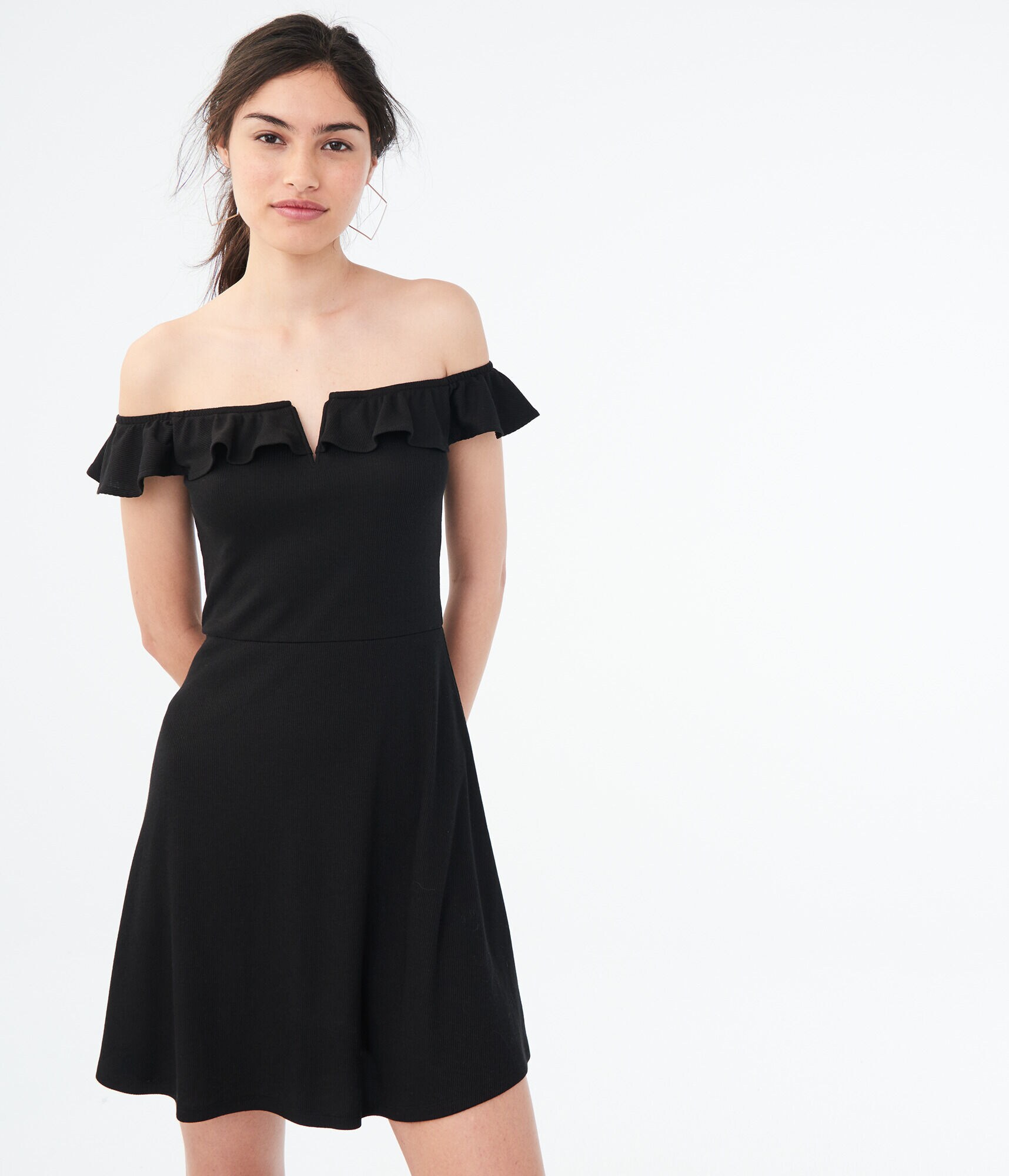 Solid V-Wire Off-The-Shoulder Fit &amp; Flare Dress***