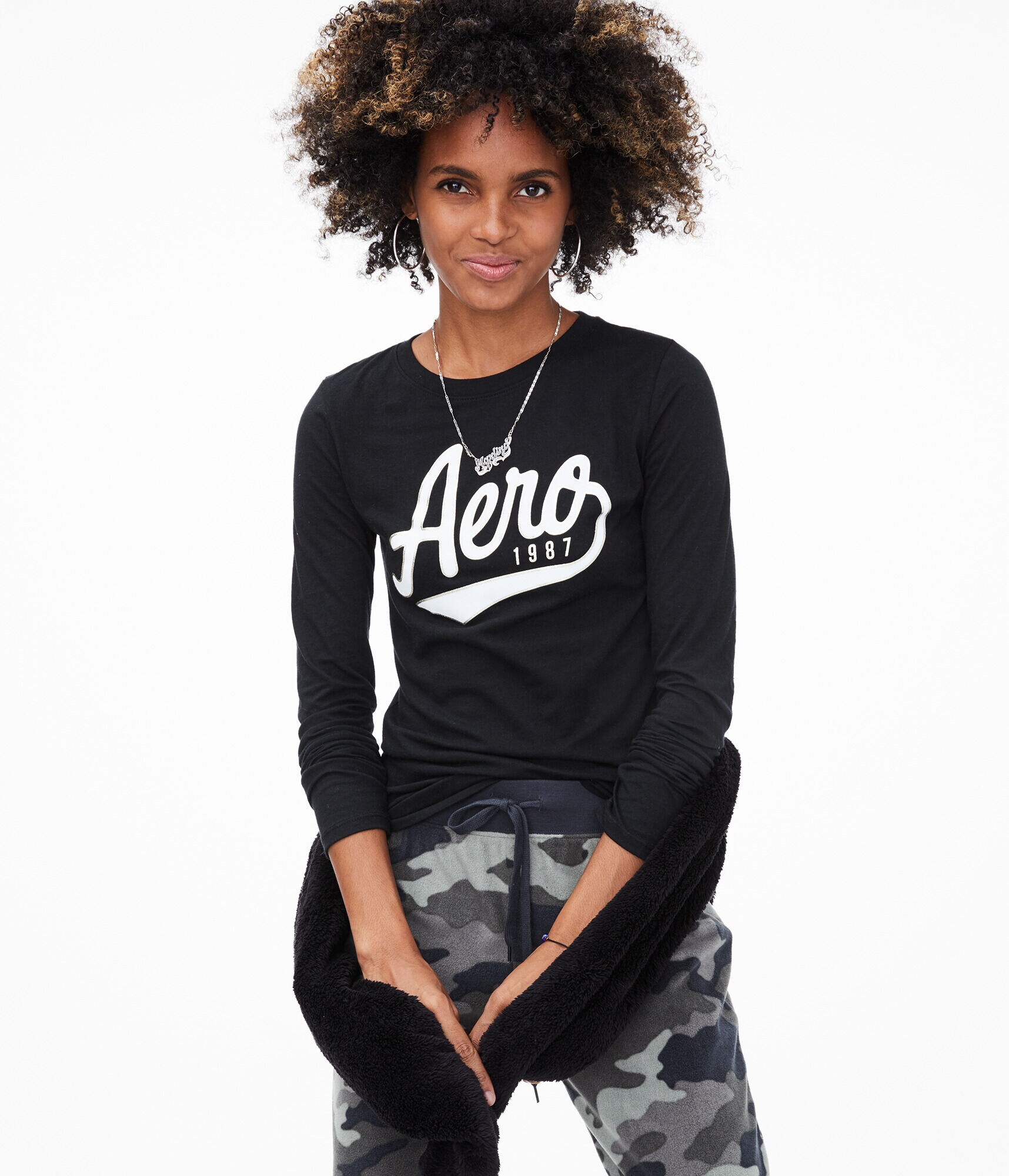 Long Sleeve Shimmery Aero Script Graphic Tee