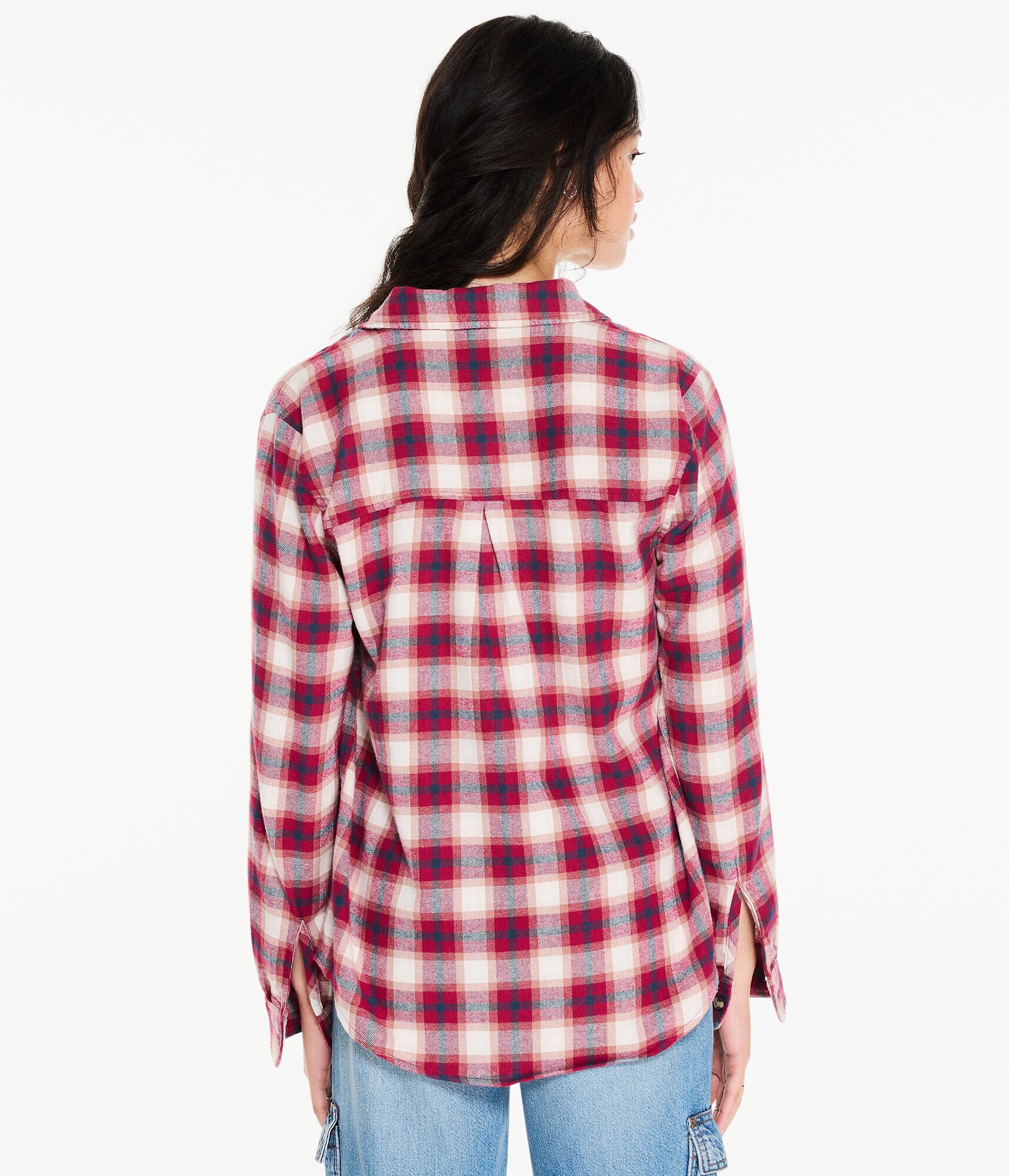 Long Sleeve Oversized Plaid Flannel Button-Down Shirt