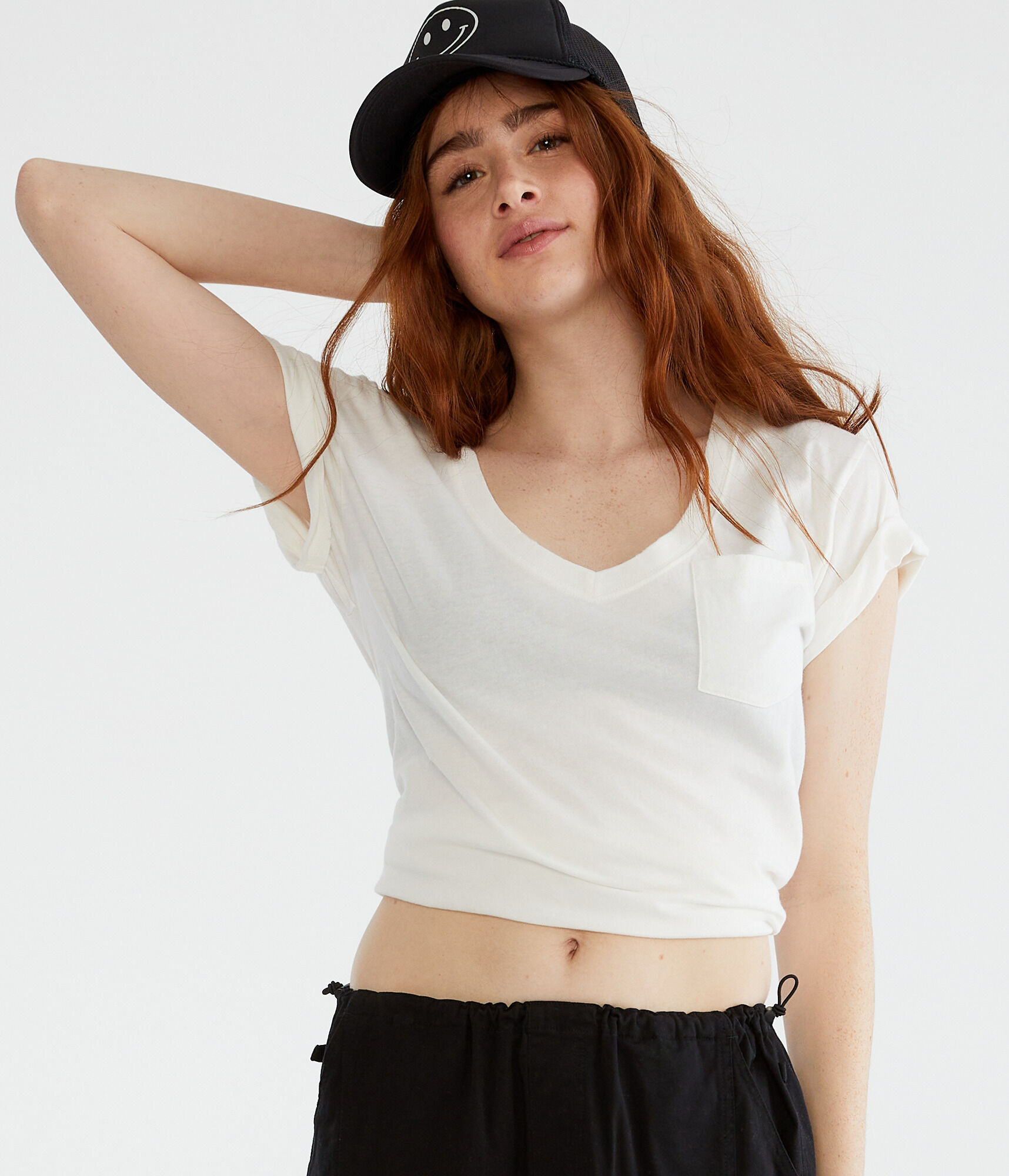 Washed V-Neck Loose Fit Pocket Tee