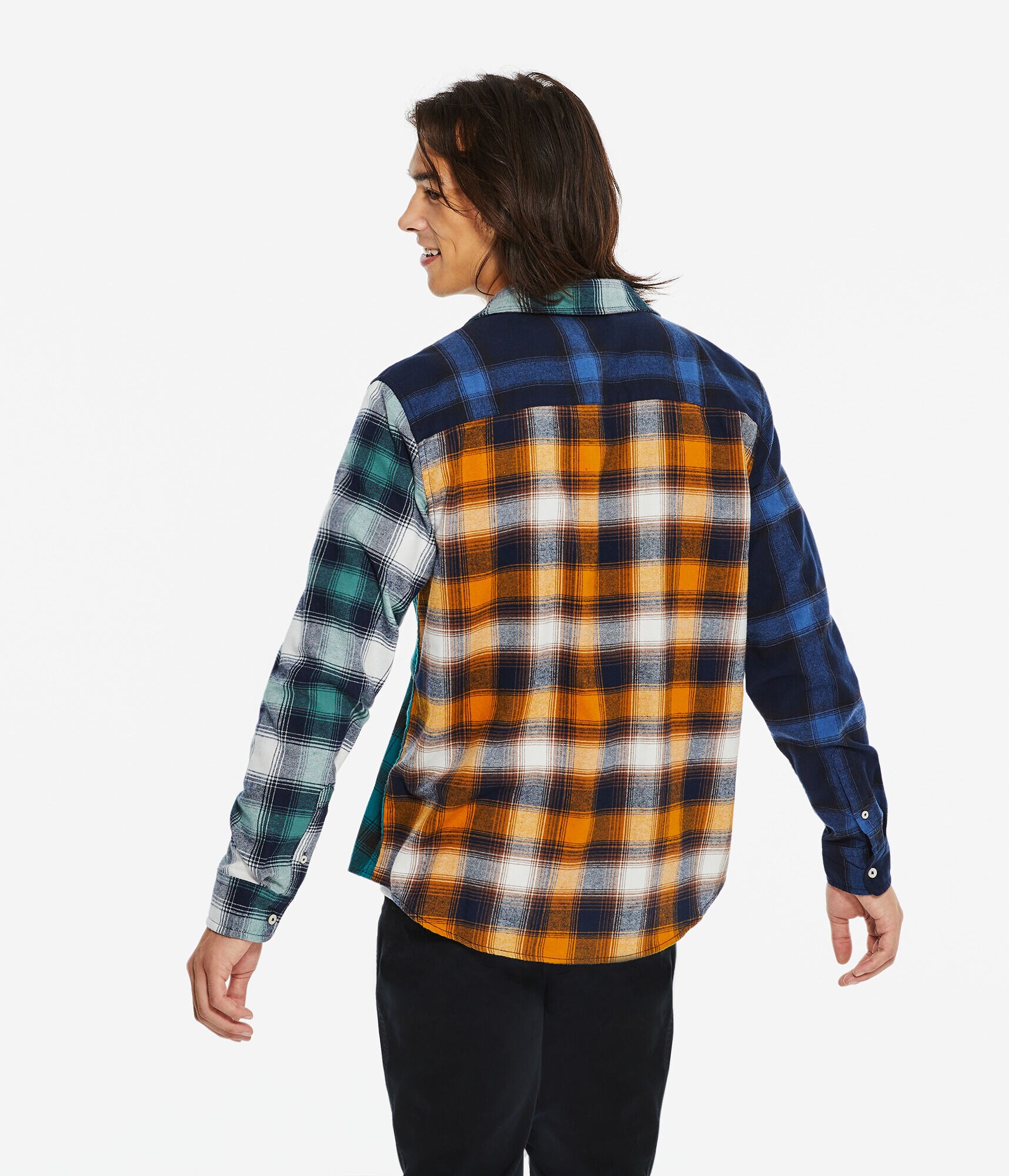 Long Sleeve Split Plaid Flannel Button-Down Shirt