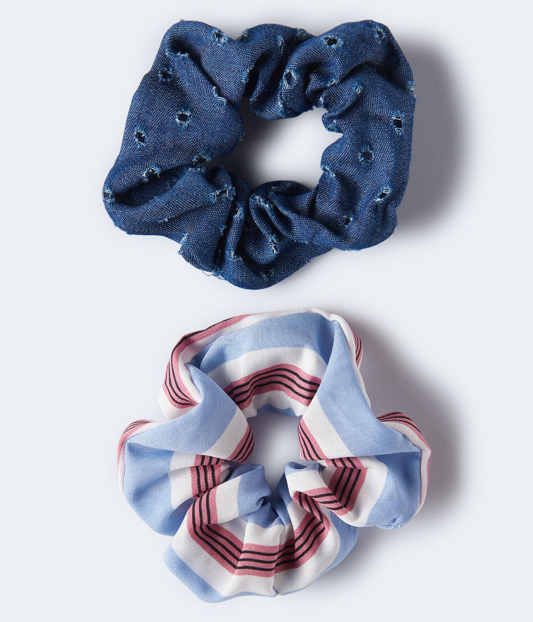 Distressed Denim &amp; Striped Scrunchie 2-Pack