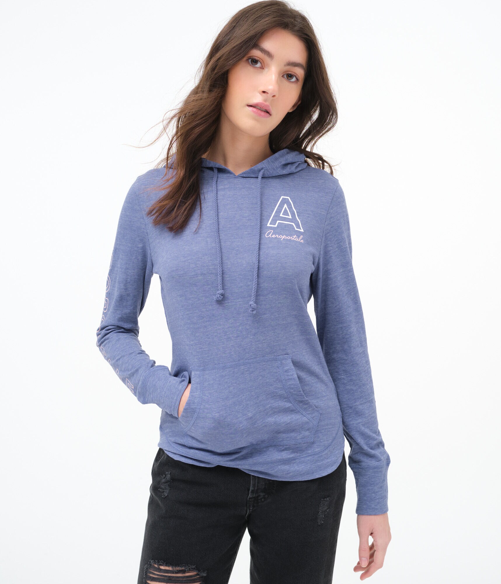 Long Sleeve Aeropostale Letter Logo Hooded Graphic Tee