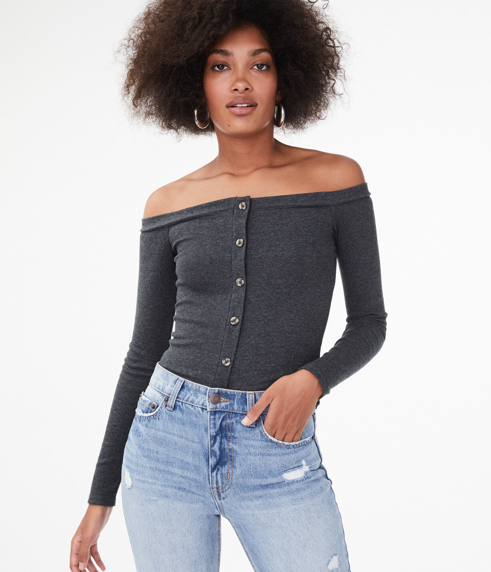 Seriously Soft Button-Front Off-The-Shoulder Top***