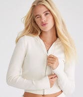 Solid Cropped Full-Zip Hooded Sweater