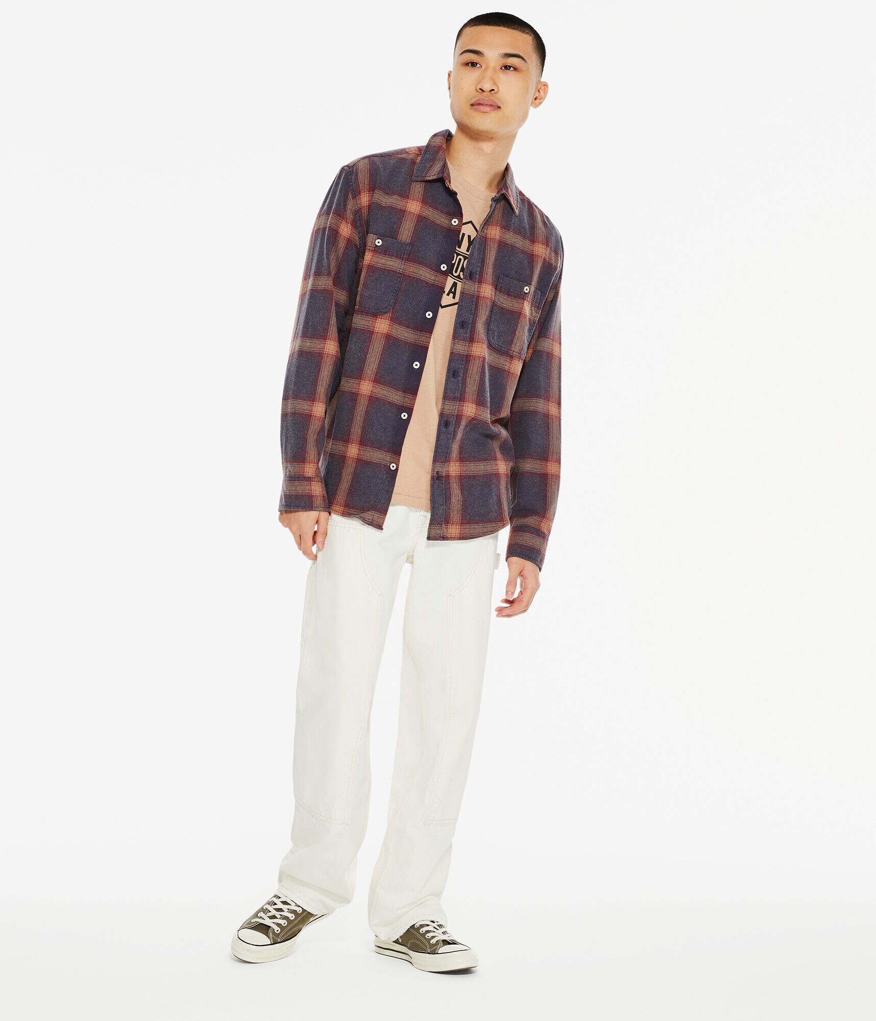 Long Sleeve Relaxed Washed Plaid Flannel Button-Down Shirt