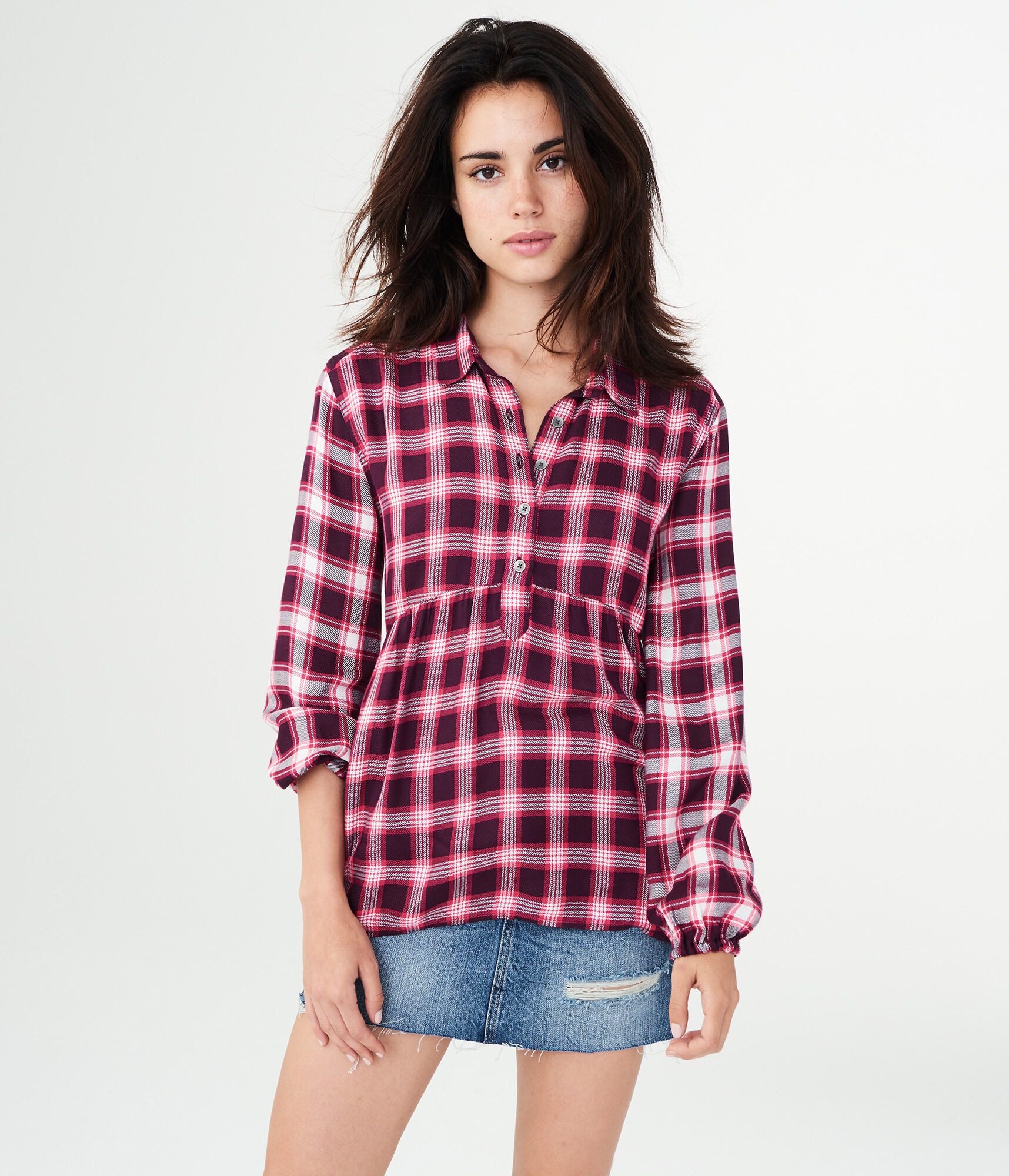 Long Sleeve Plaid Babydoll Woven Top