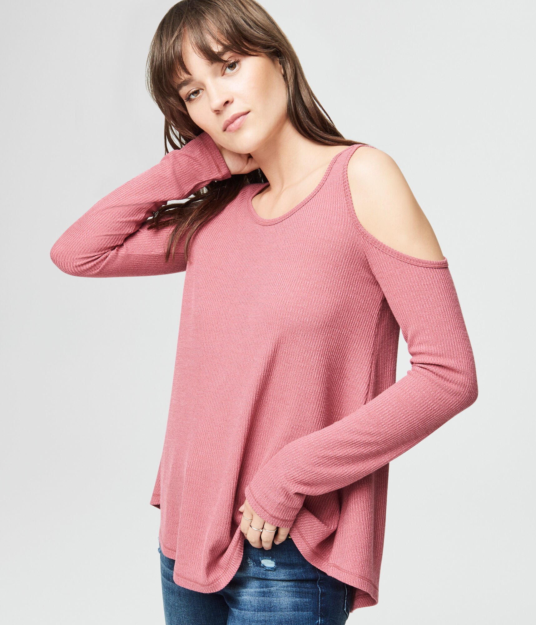 Long Sleeve Ribbed Cold-Shoulder Top