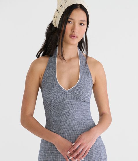 Gingham V-Neck Halter A-Line Mini Dress Gingham V-Neck Halter A-Line Mini Dress