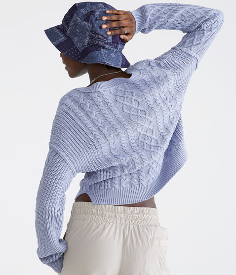 Slouchy Cable-Knit Cropped V-Neck Sweater