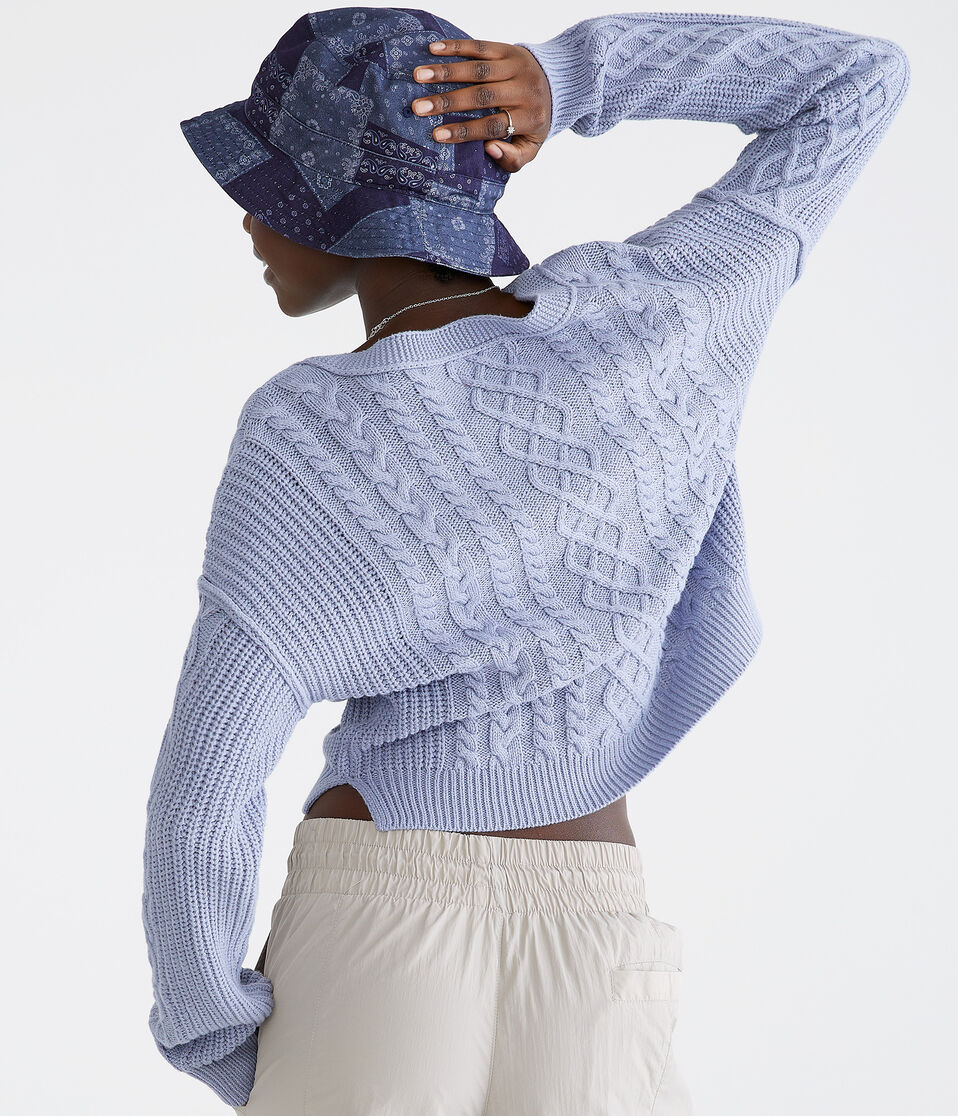 Slouchy Cable-Knit Cropped V-Neck Sweater