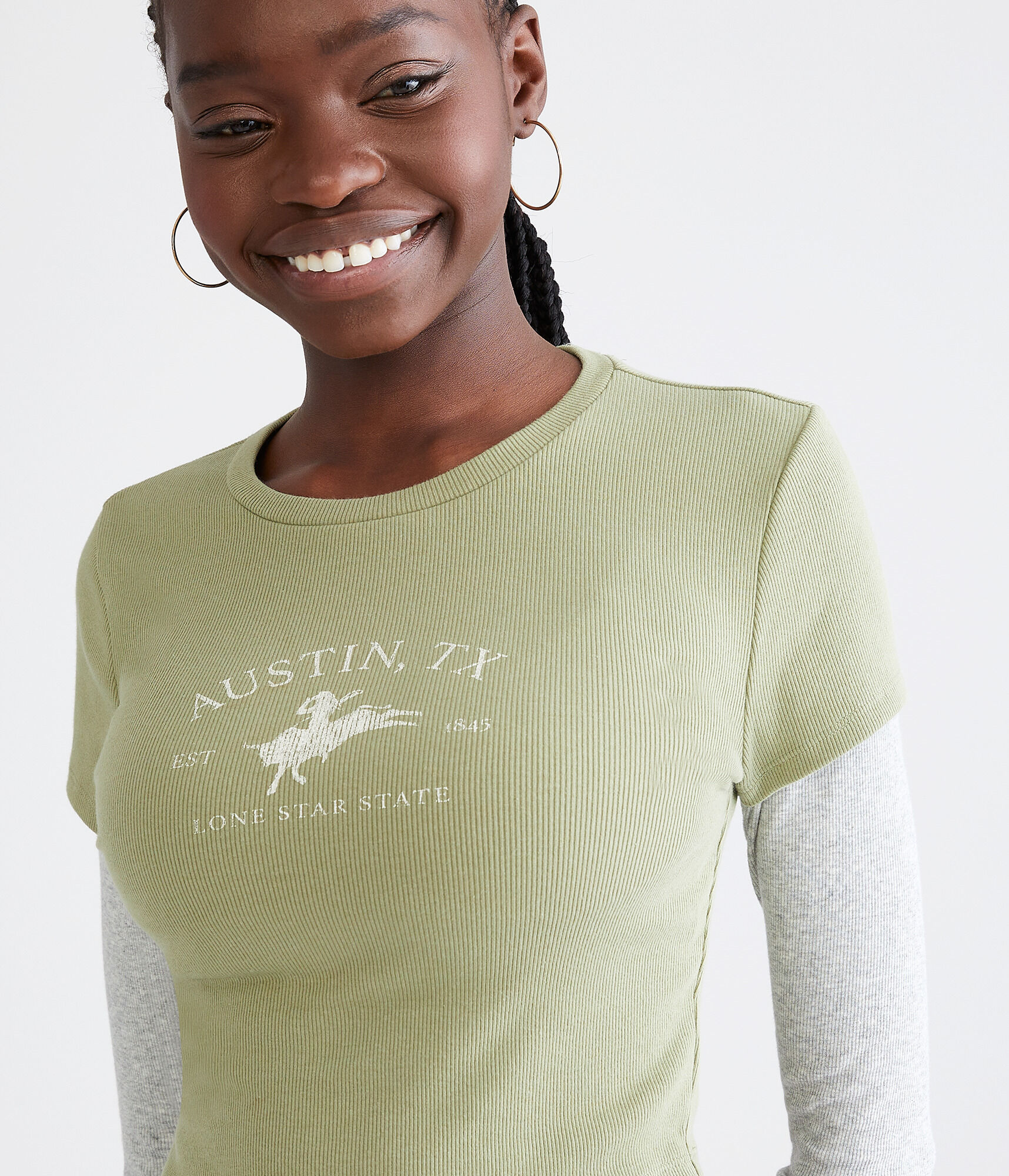 Long Sleeve Seriously Soft Austin Texas Cropped Graphic 2Fer Tee