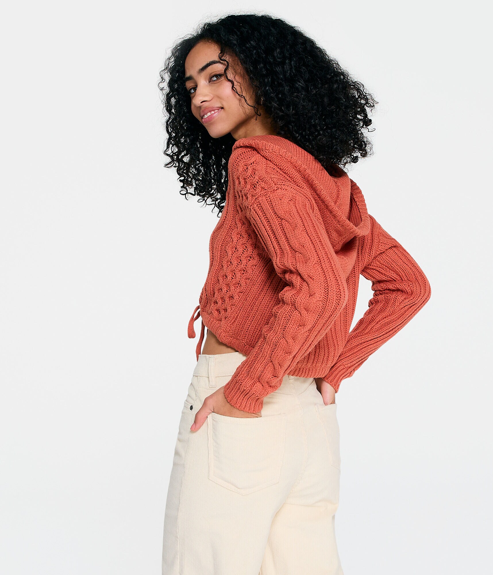 Hooded Cable-Knit Cropped Sweater