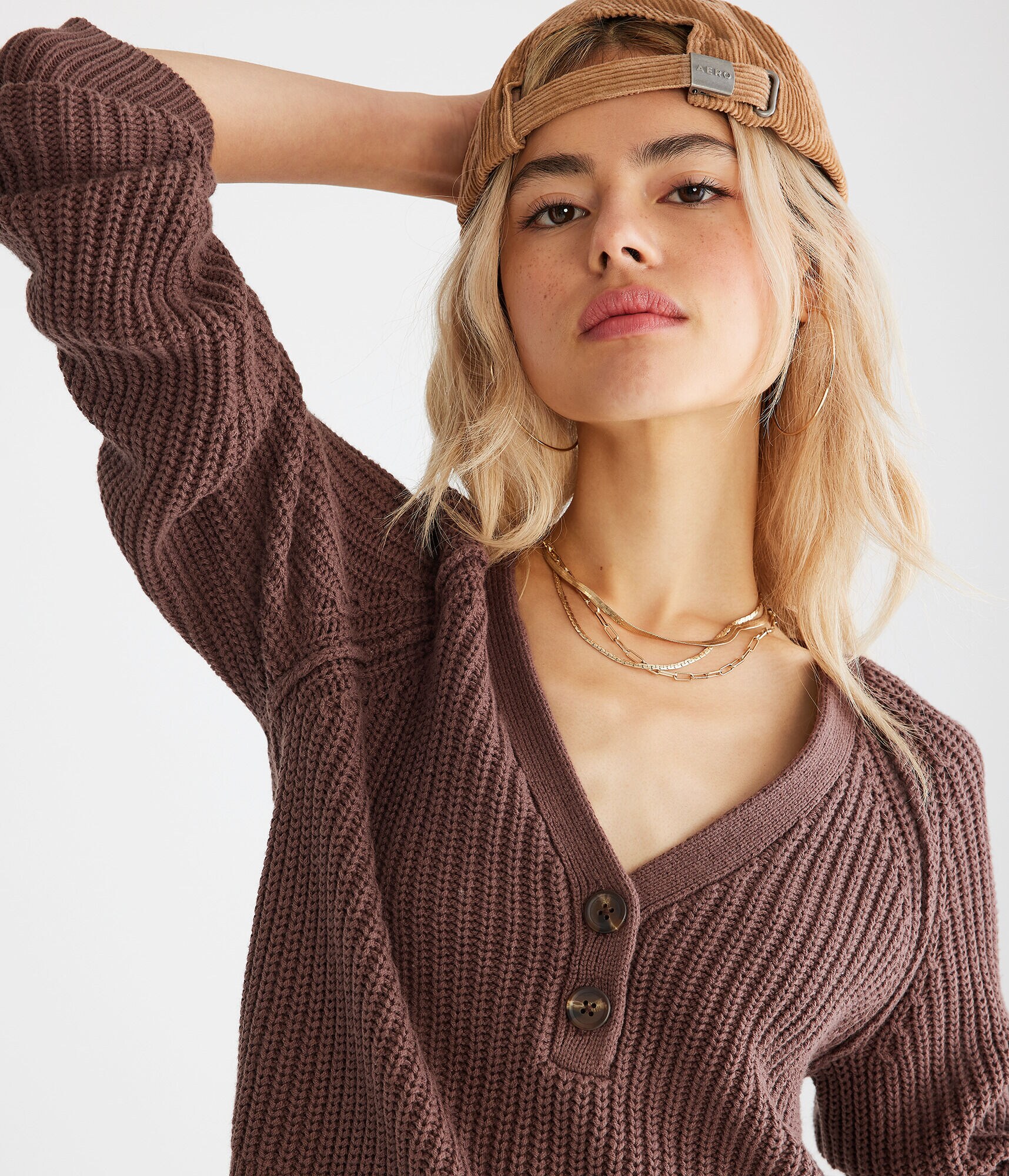 Ribbed Cropped V-Neck Henley Sweater