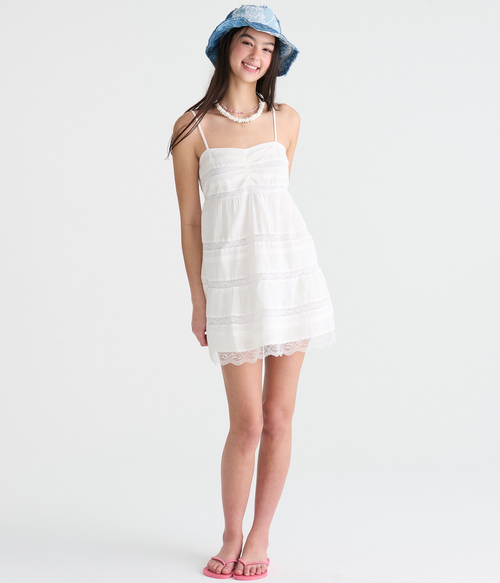 Solid Sweetheart Pintuck &amp; Lace Babydoll Dress