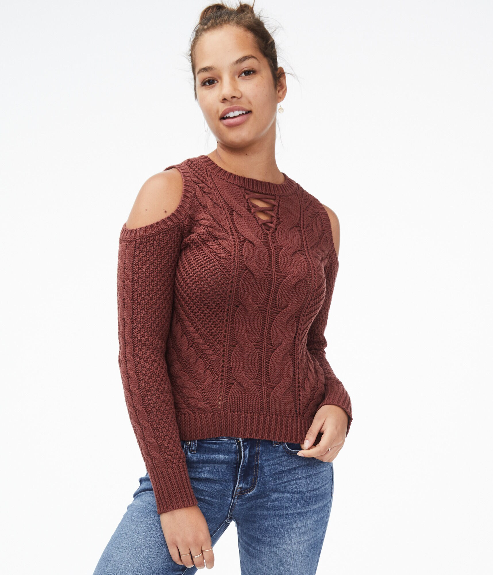 Lace-Up Cold-Shoulder Sweater