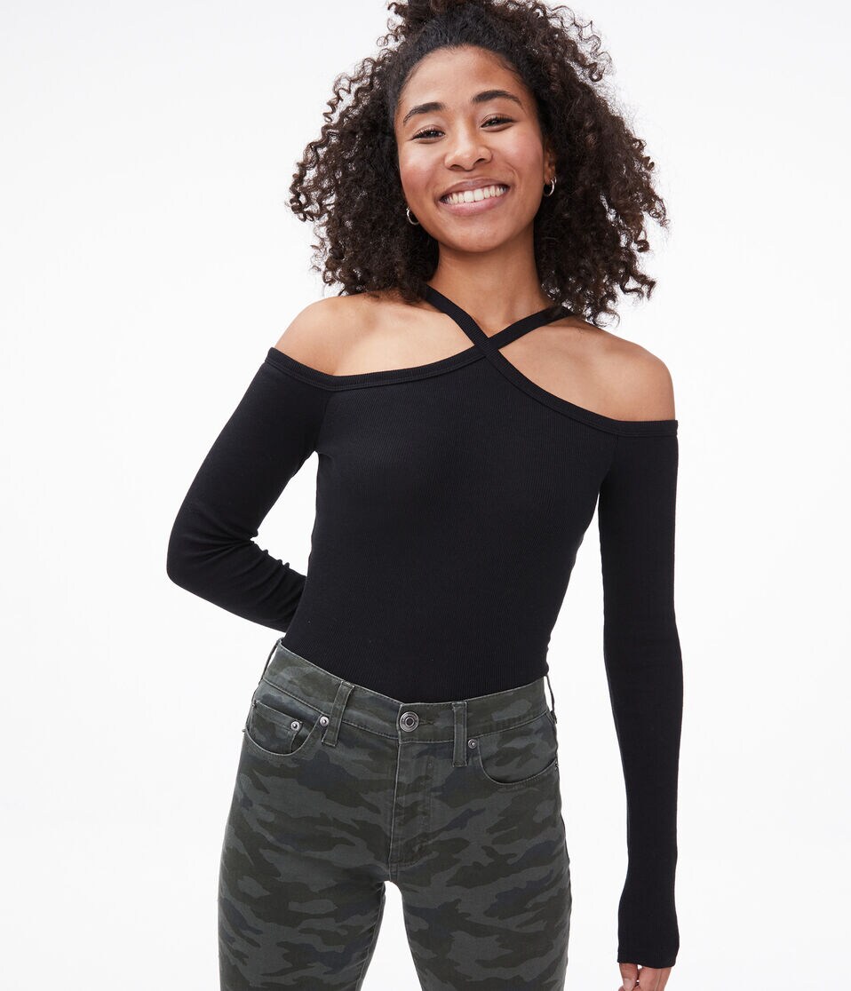 Long Sleeve Cold-Shoulder Diamond-Neck Bodycon Top