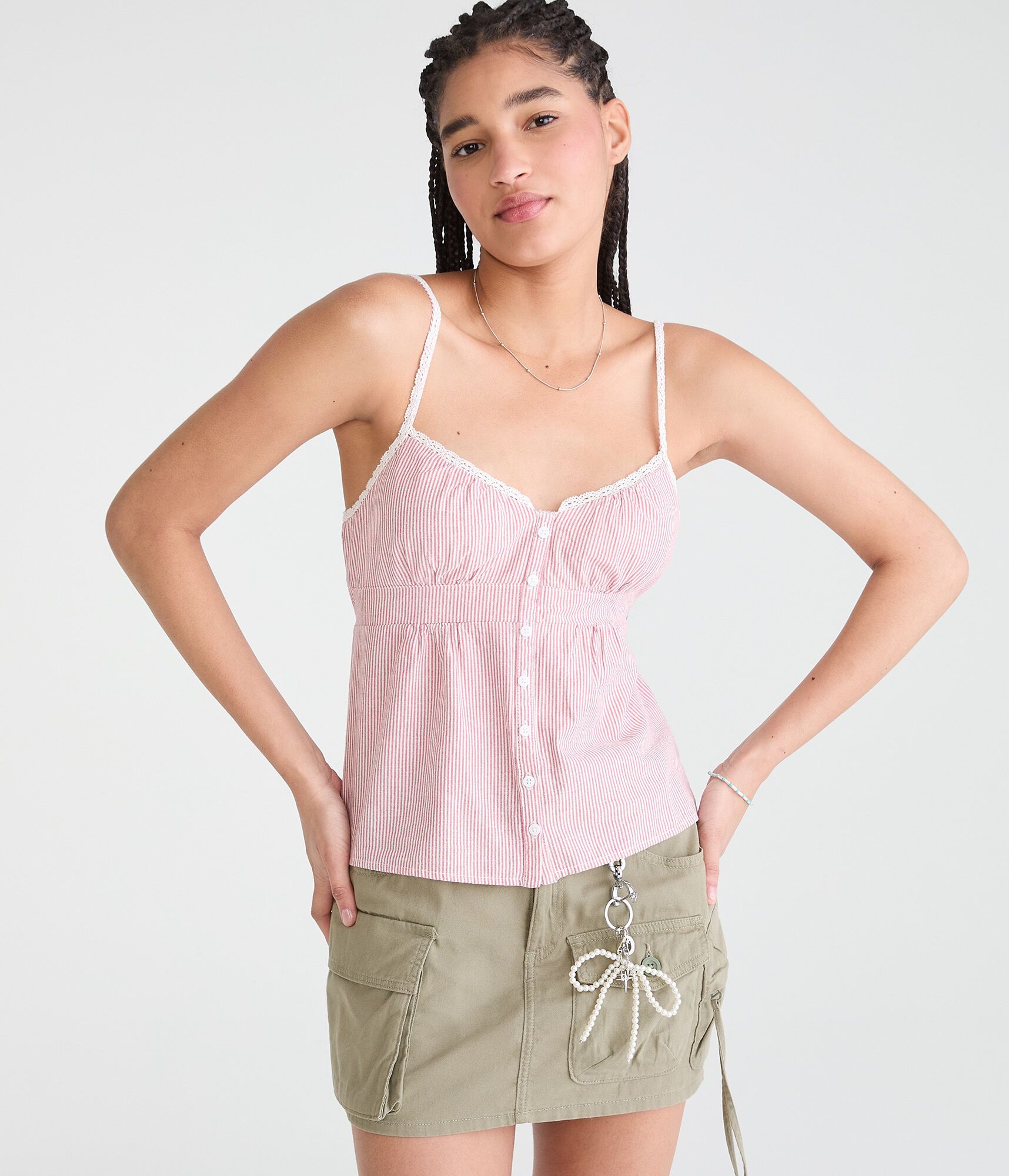 Yarn-Dyed Stripe Lace-Trim Cami