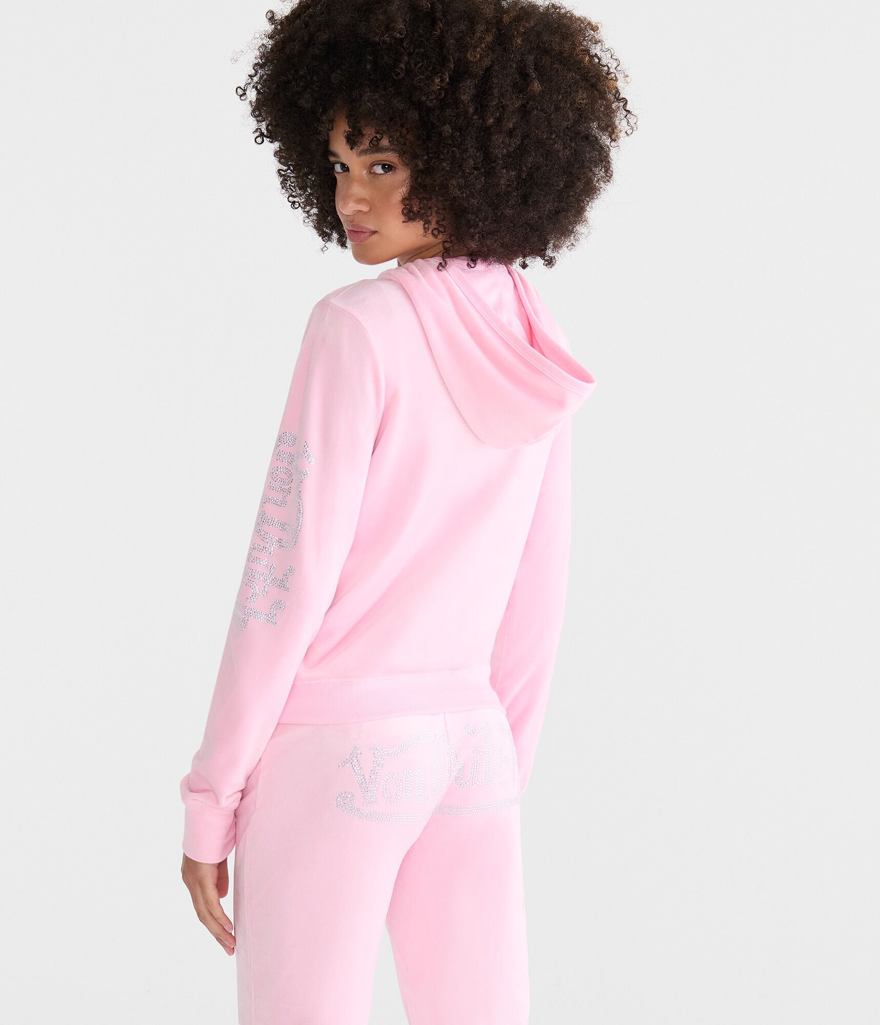 Von Dutch Rhinestone Logo Velour Full-Zip Hoodie