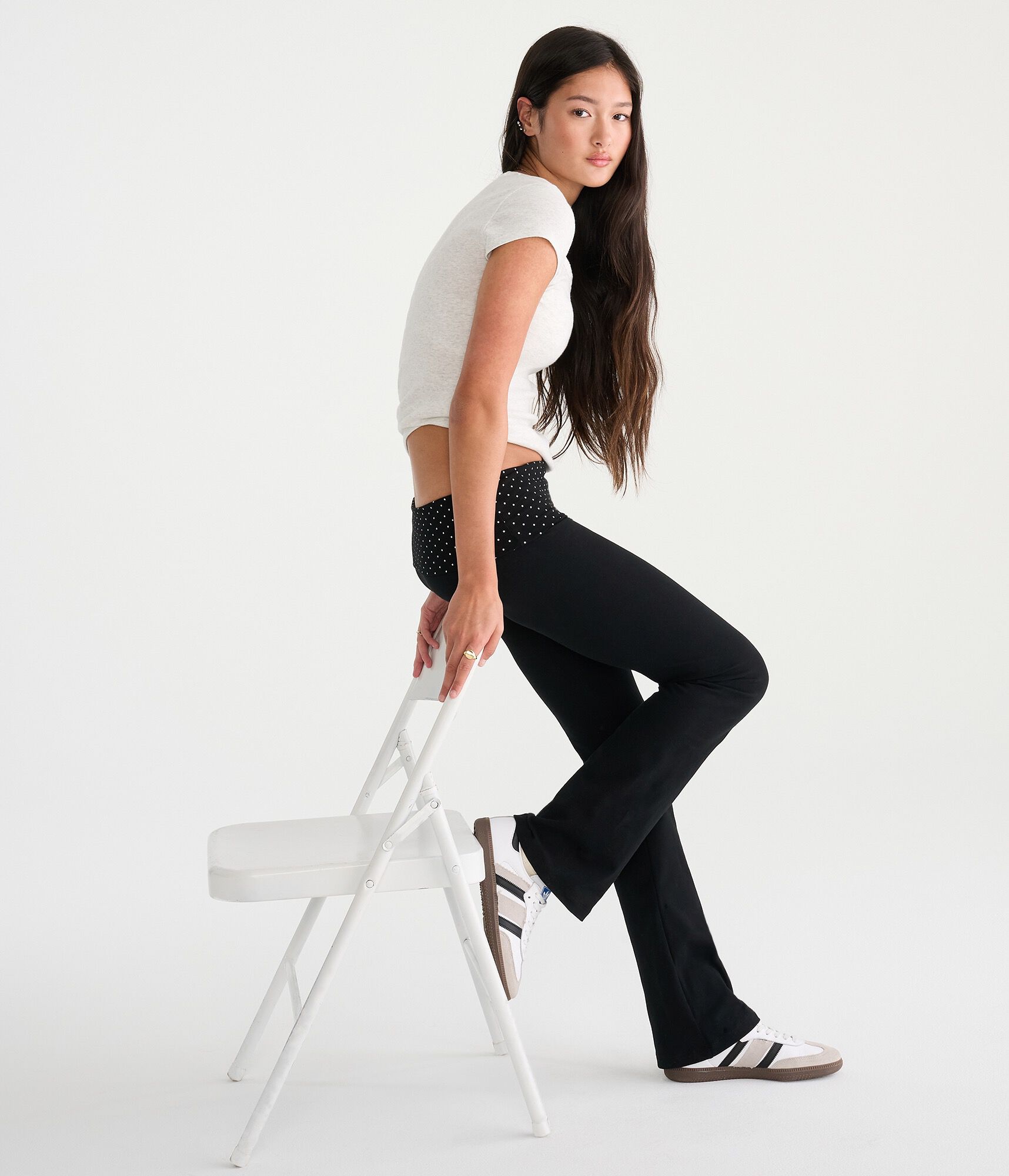 Polka Dot Mid-Rise Fold-Over Bootcut Pants