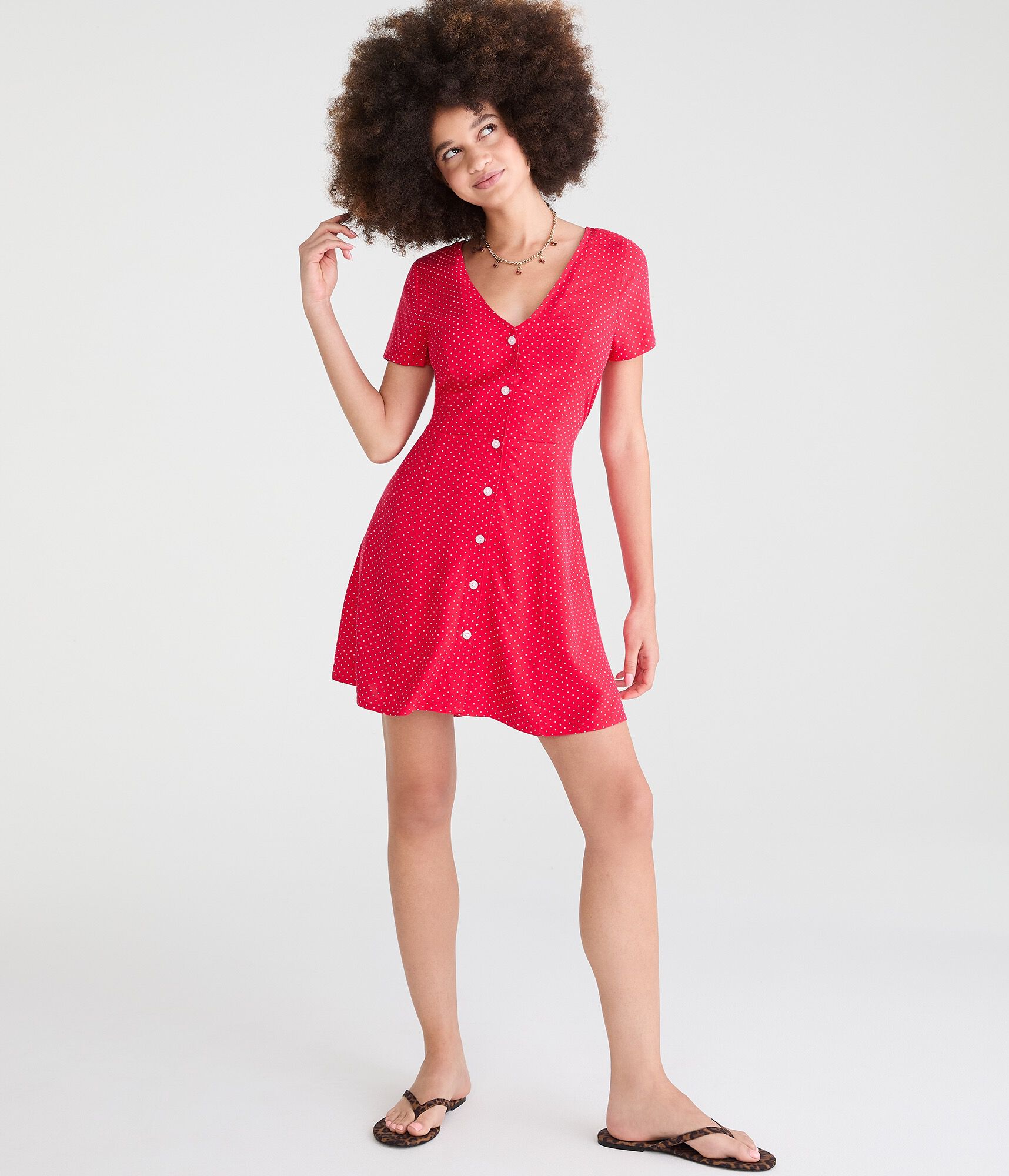 Printed V-Neck Buttoned A-Line Dress