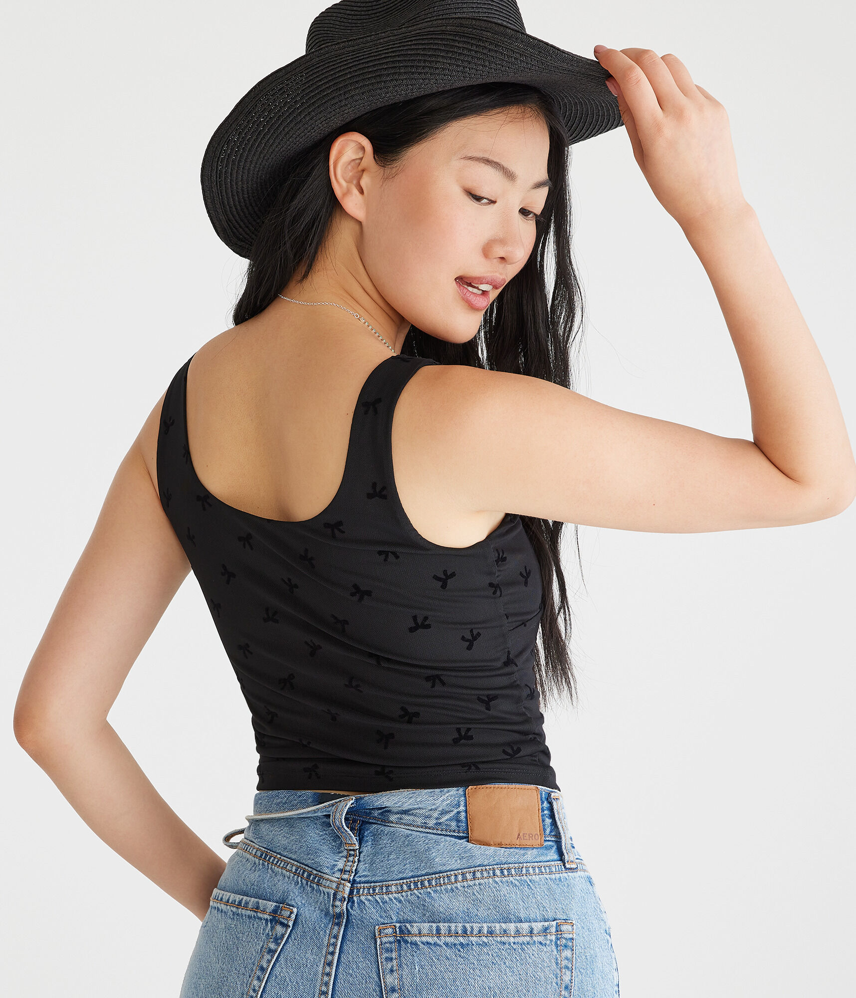 Flocked Bow Mesh Cropped Tank