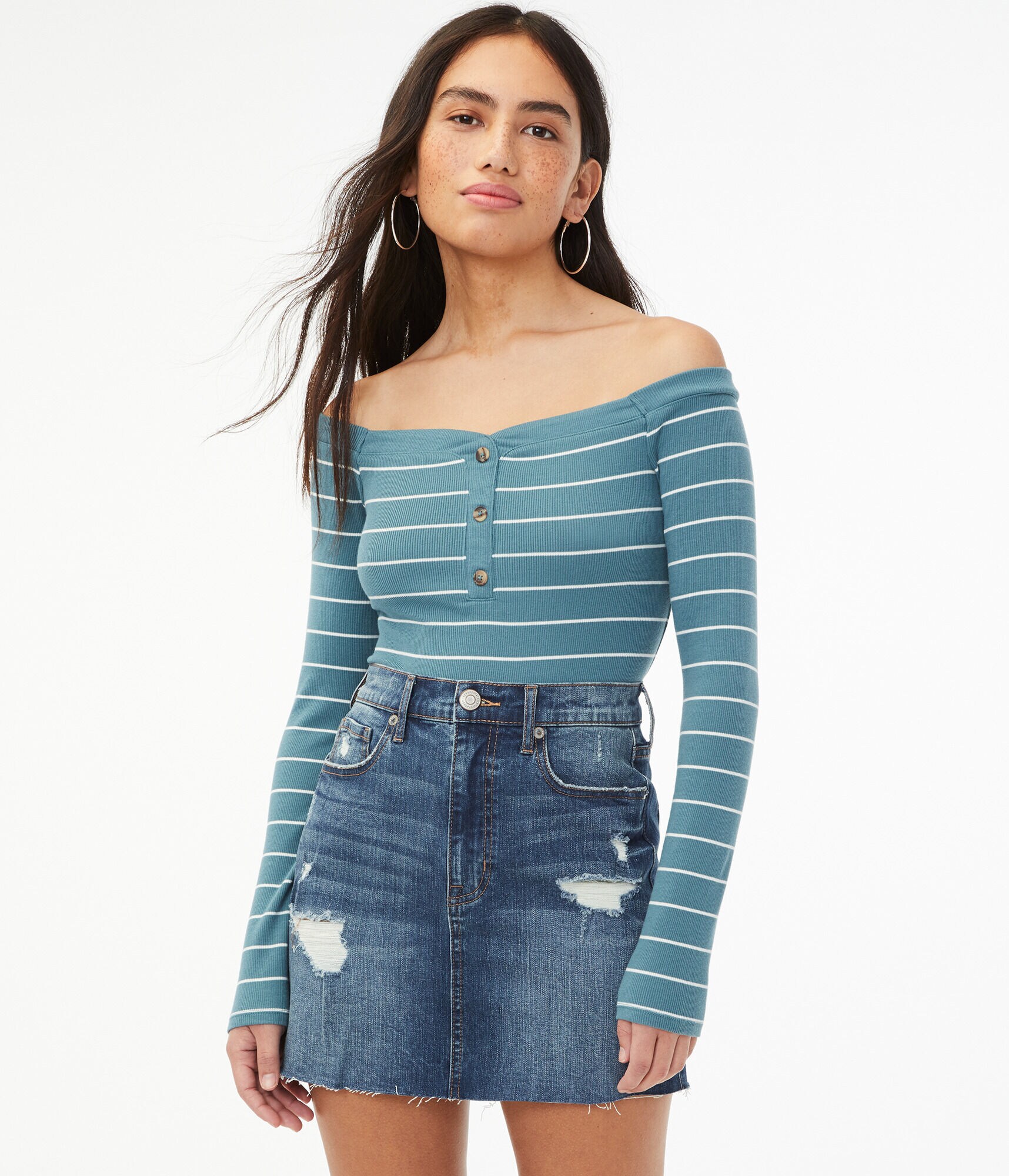 Long Sleeve Seriously Soft Striped Off-The-Shoulder Bodycon Henley