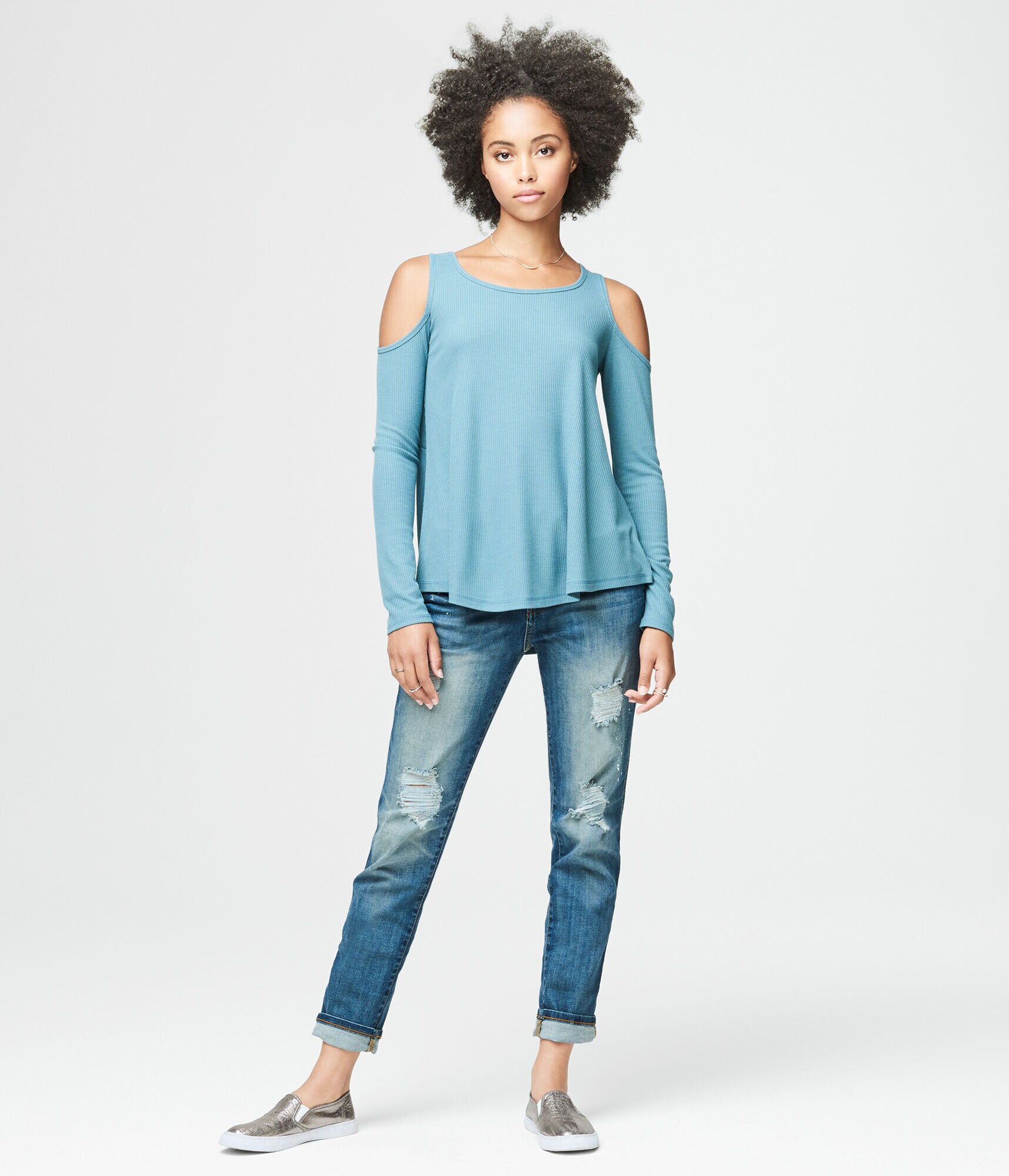 Long Sleeve Ribbed Cold-Shoulder Top