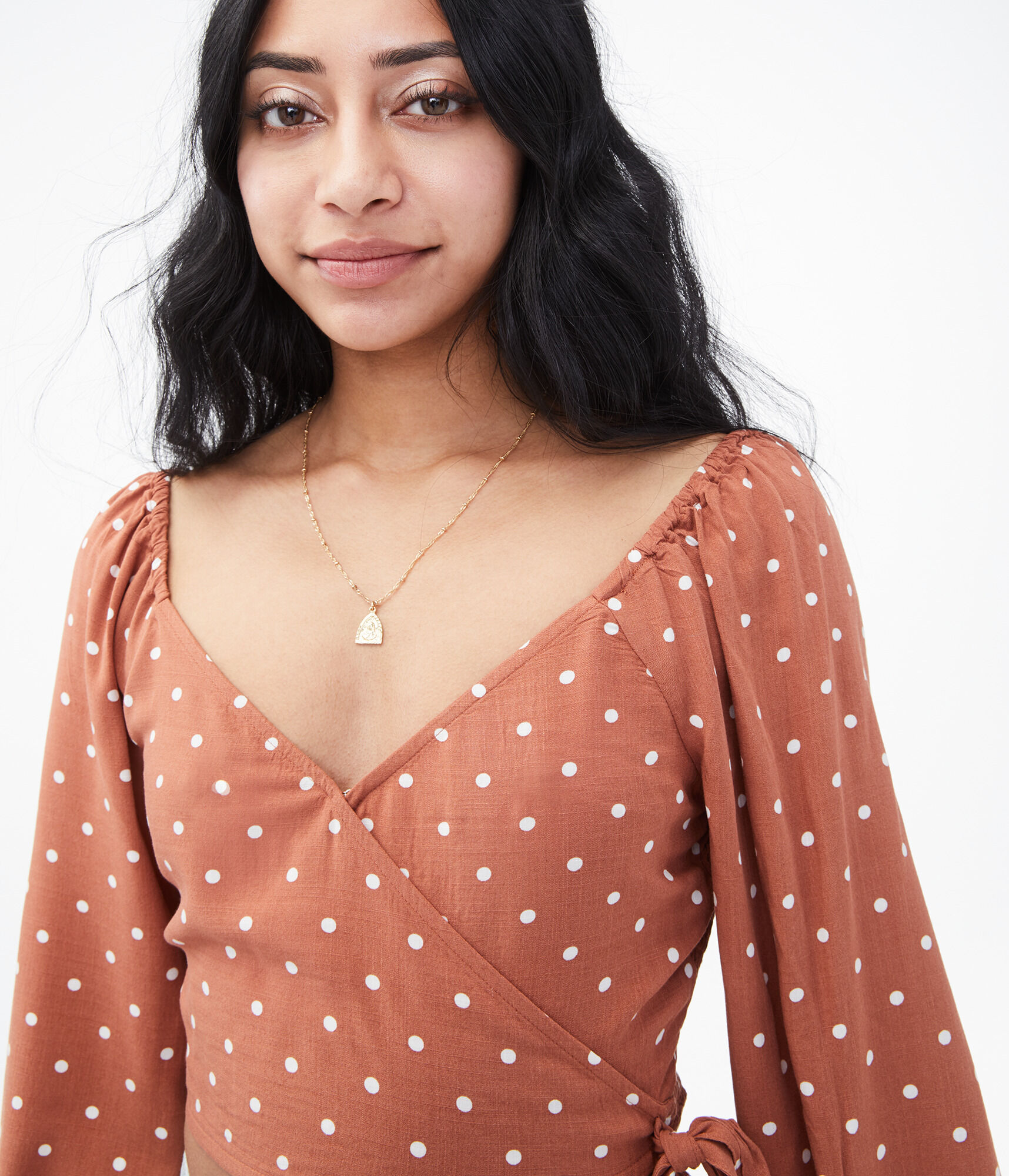 Long Sleeve Polka Dot Surplice Crop Top