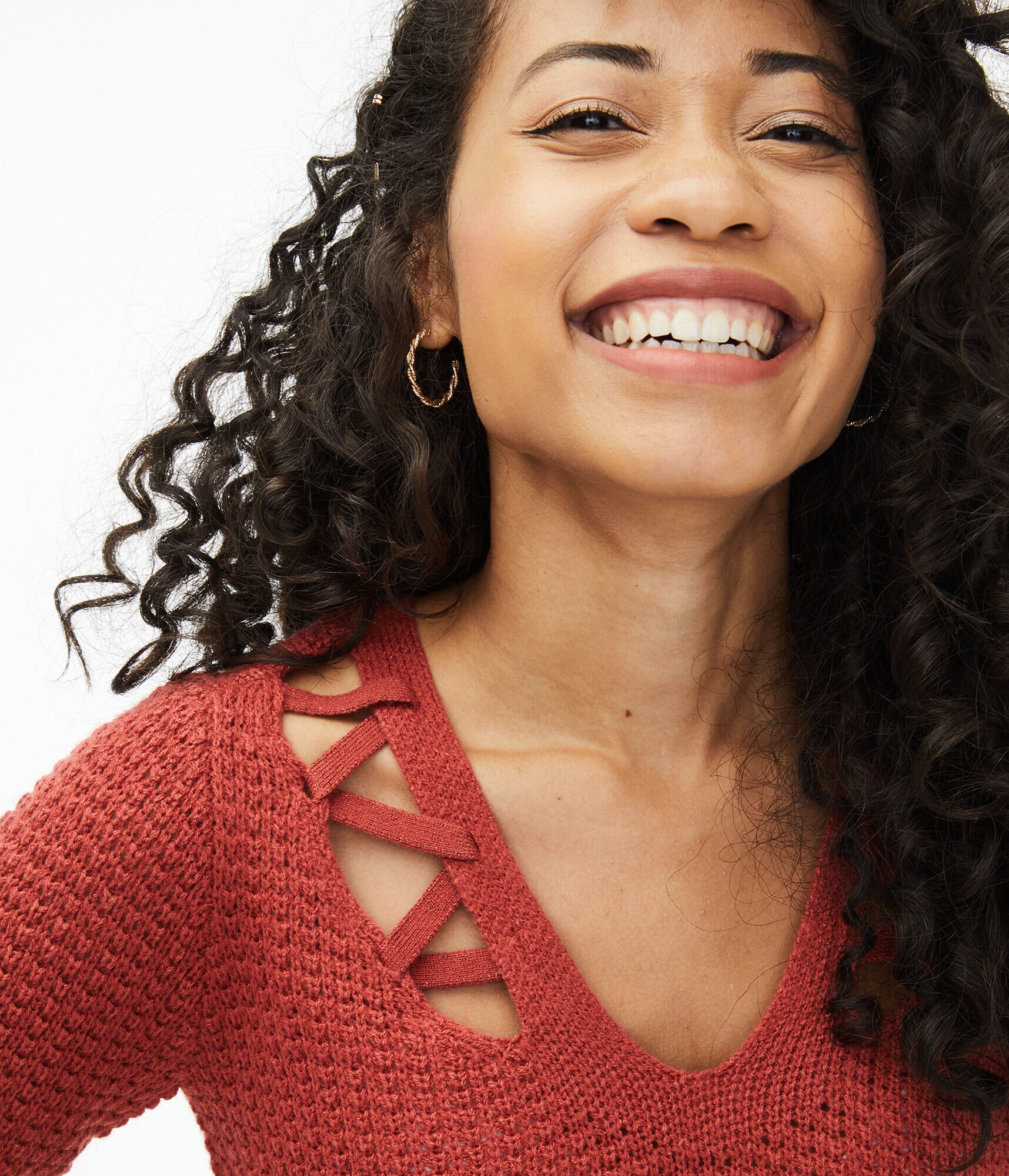 Laced-Up Shoulder V-Neck Sweater