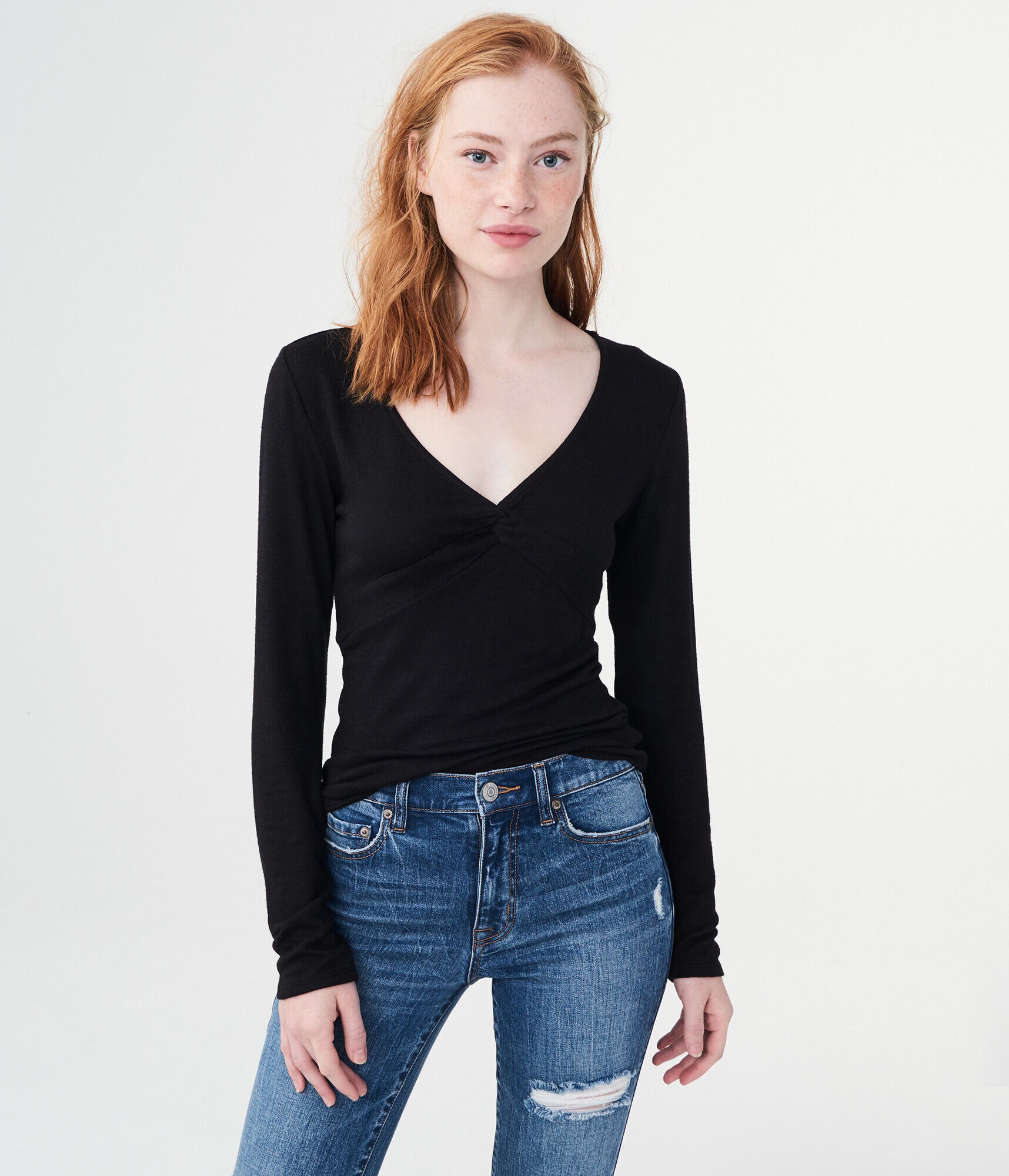 Long Sleeve Heathered Twist-Front V-Neck Top