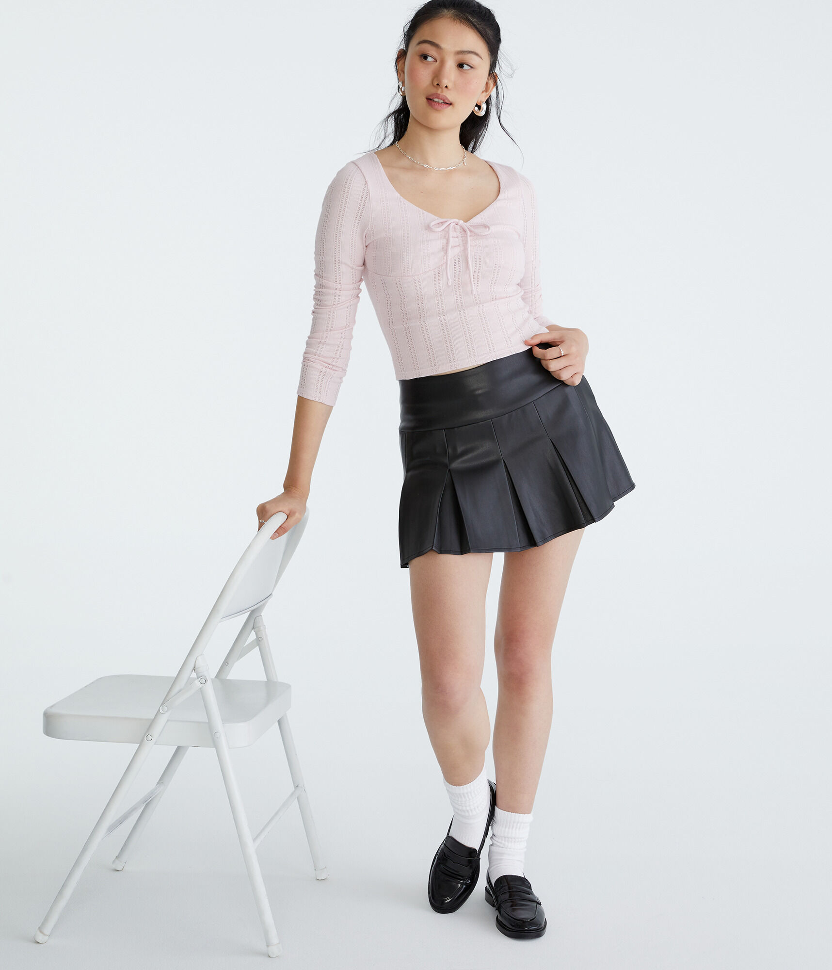 Long Sleeve Cinch-Front V-Neck Crop Top