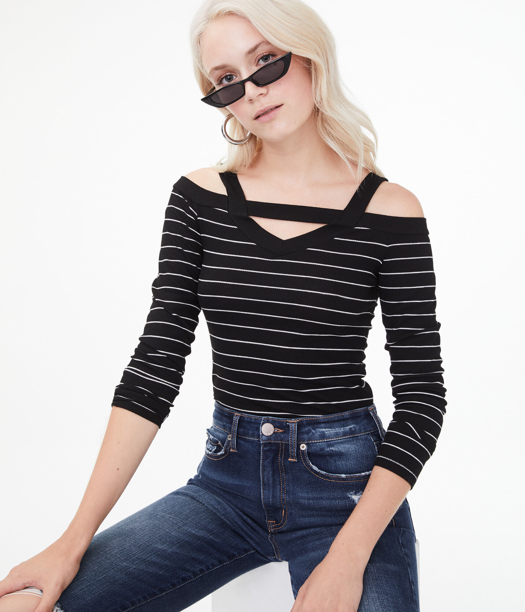 Long Sleeve Seriously Soft Striped Cold-Shoulder Bodycon Top
