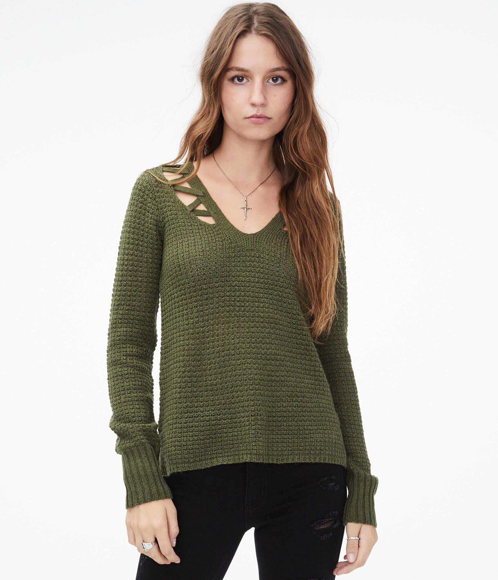 Laced-Up Shoulder V-Neck Sweater