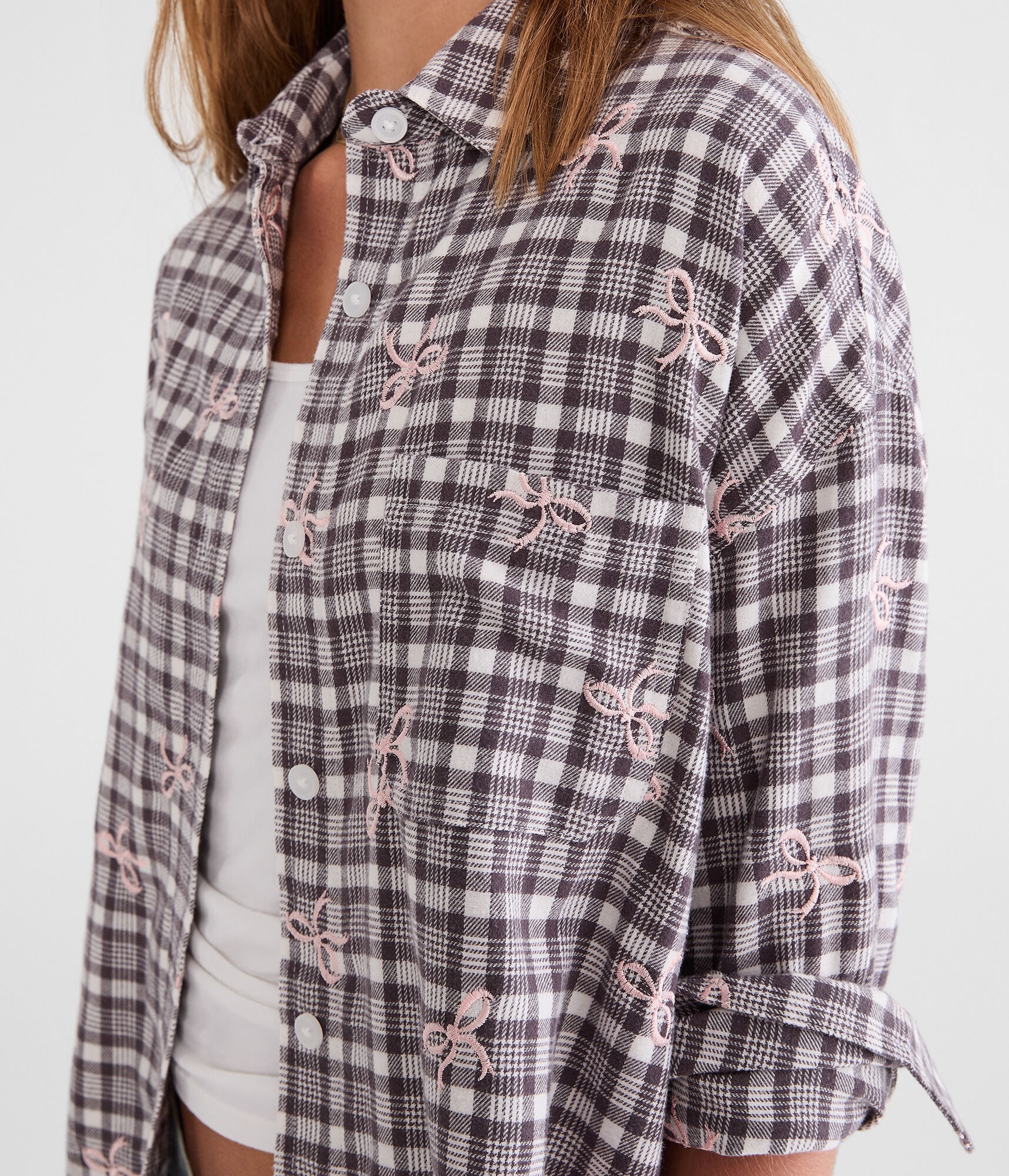 Long Sleeve Embroidered Bow Plaid Flannel Shirt