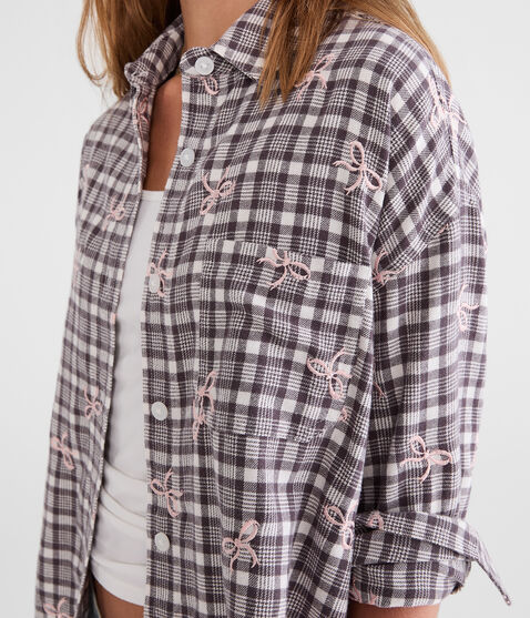 Long Sleeve Embroidered Bow Plaid Flannel Shirt Long Sleeve Embroidered Bow Plaid Flannel Shirt