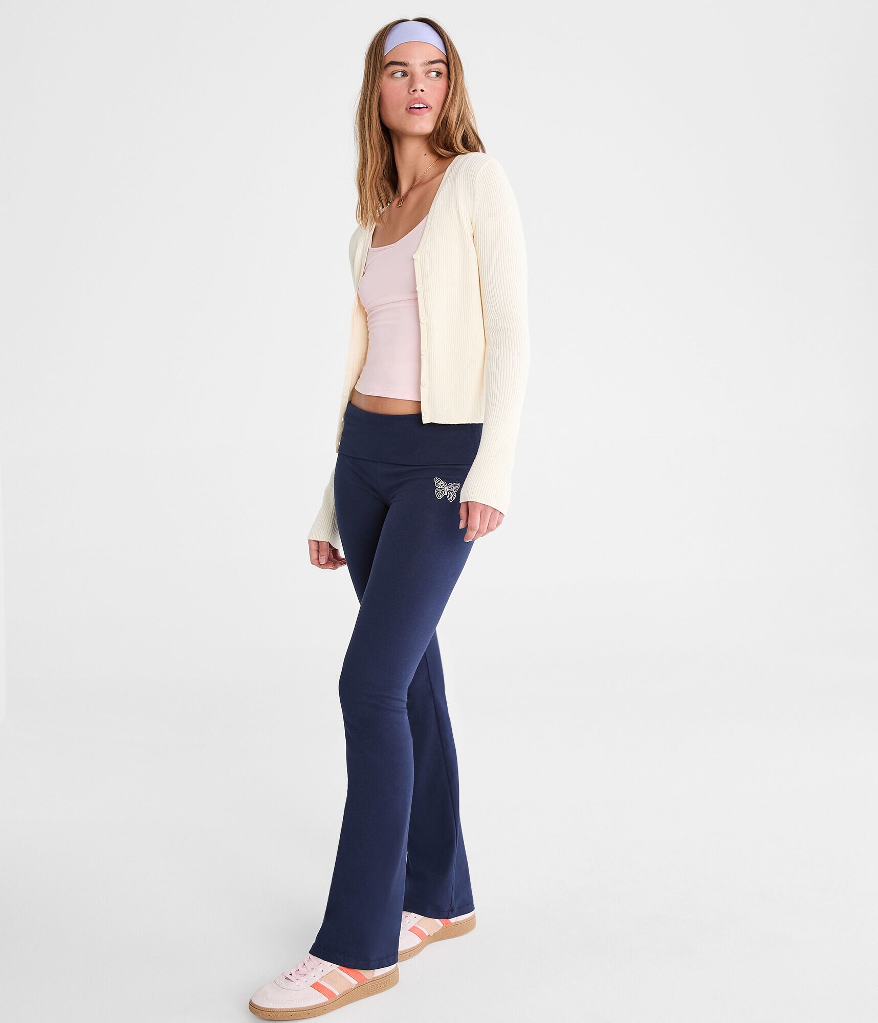 Butterfly Mid-Rise Fold-Over Flare Leg Pants