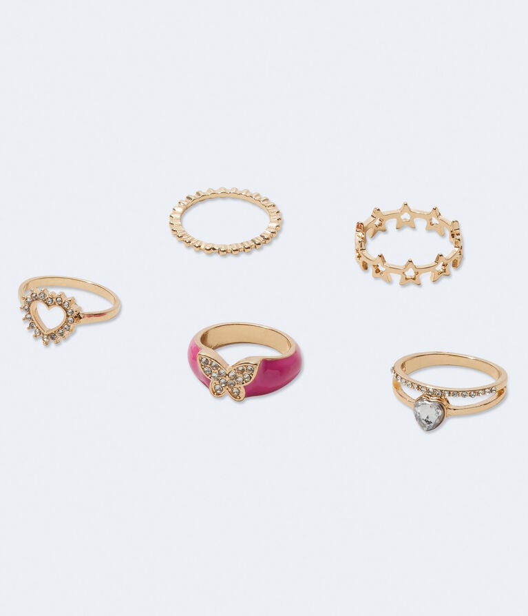Rhinestone Butterfly Ring 5-Pack