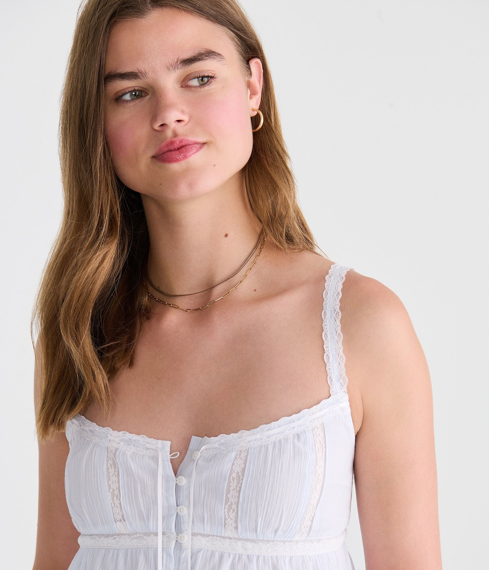 Striped Lace Button-Front Square-Neck Cami