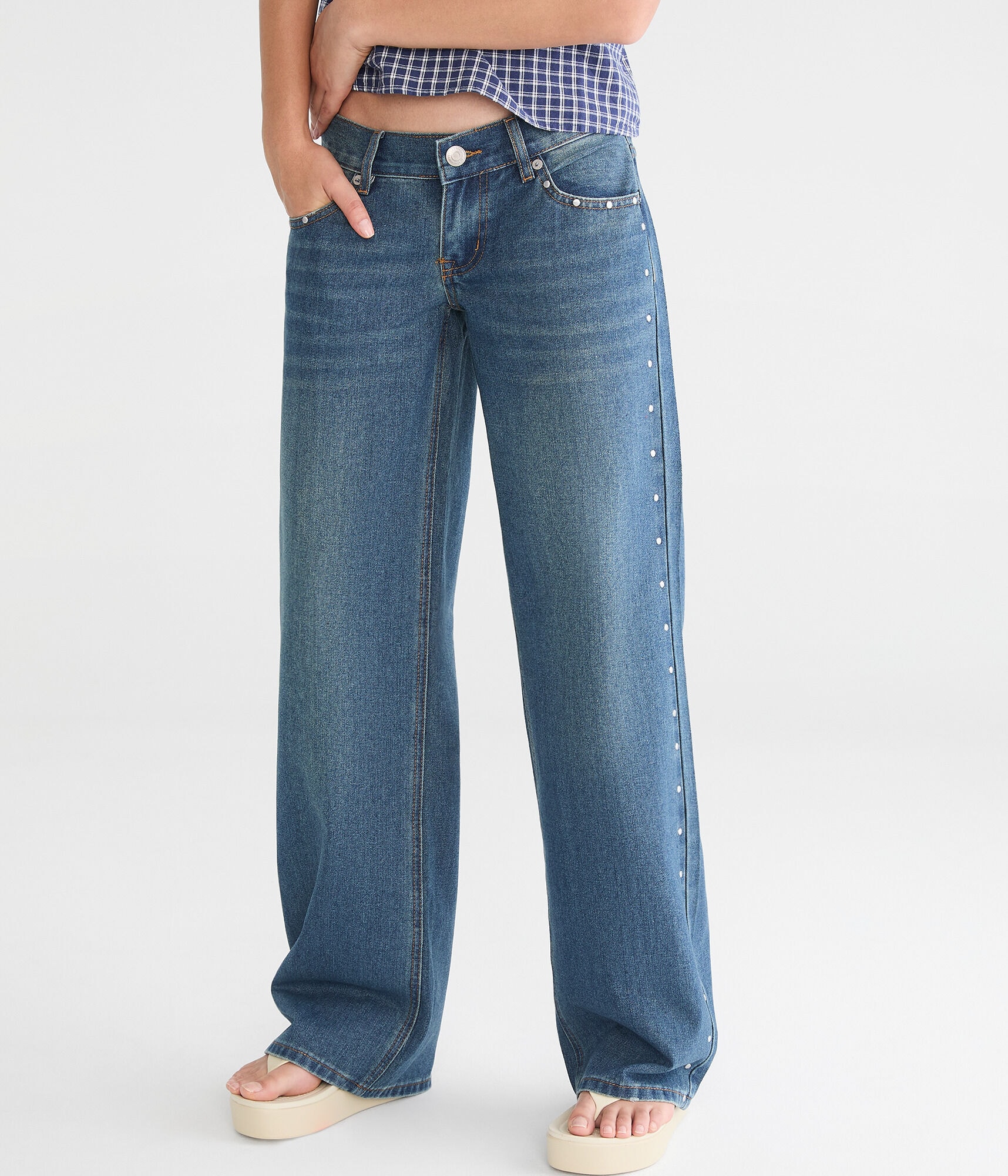 Super Low-Rise Baggy Wide Leg Studded Jean