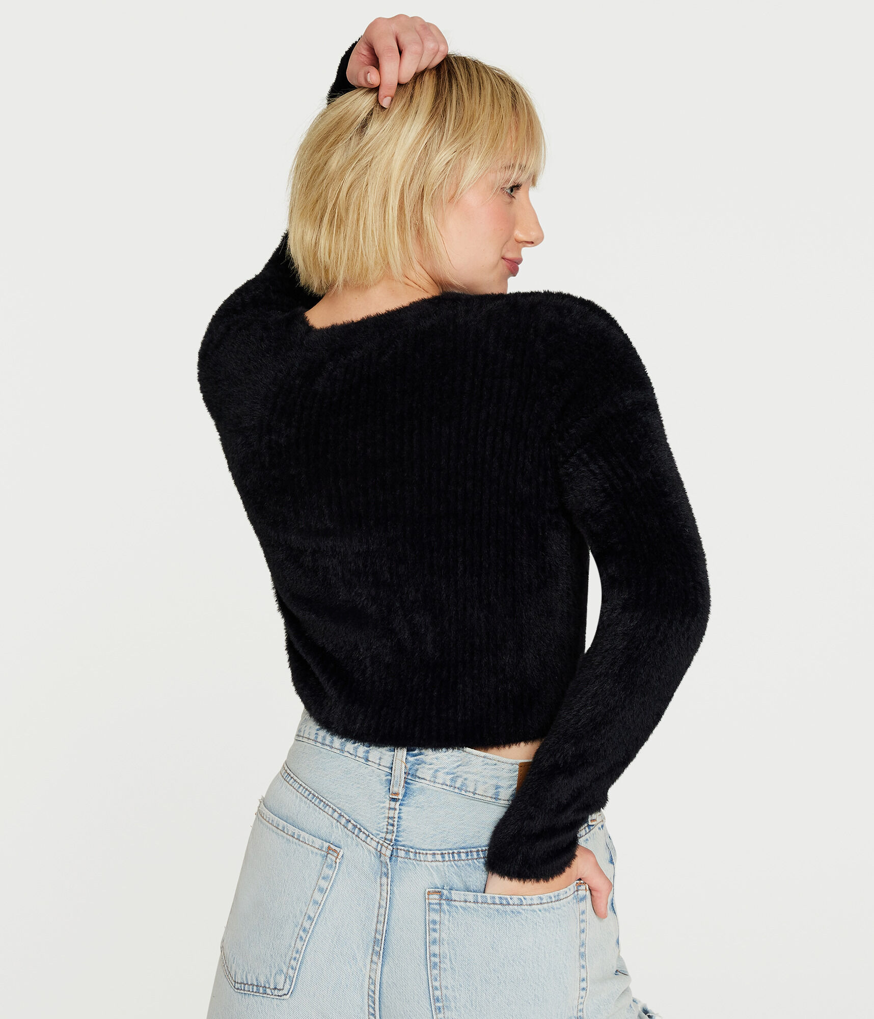 Fuzzy V-Neck Cropped Cardigan
